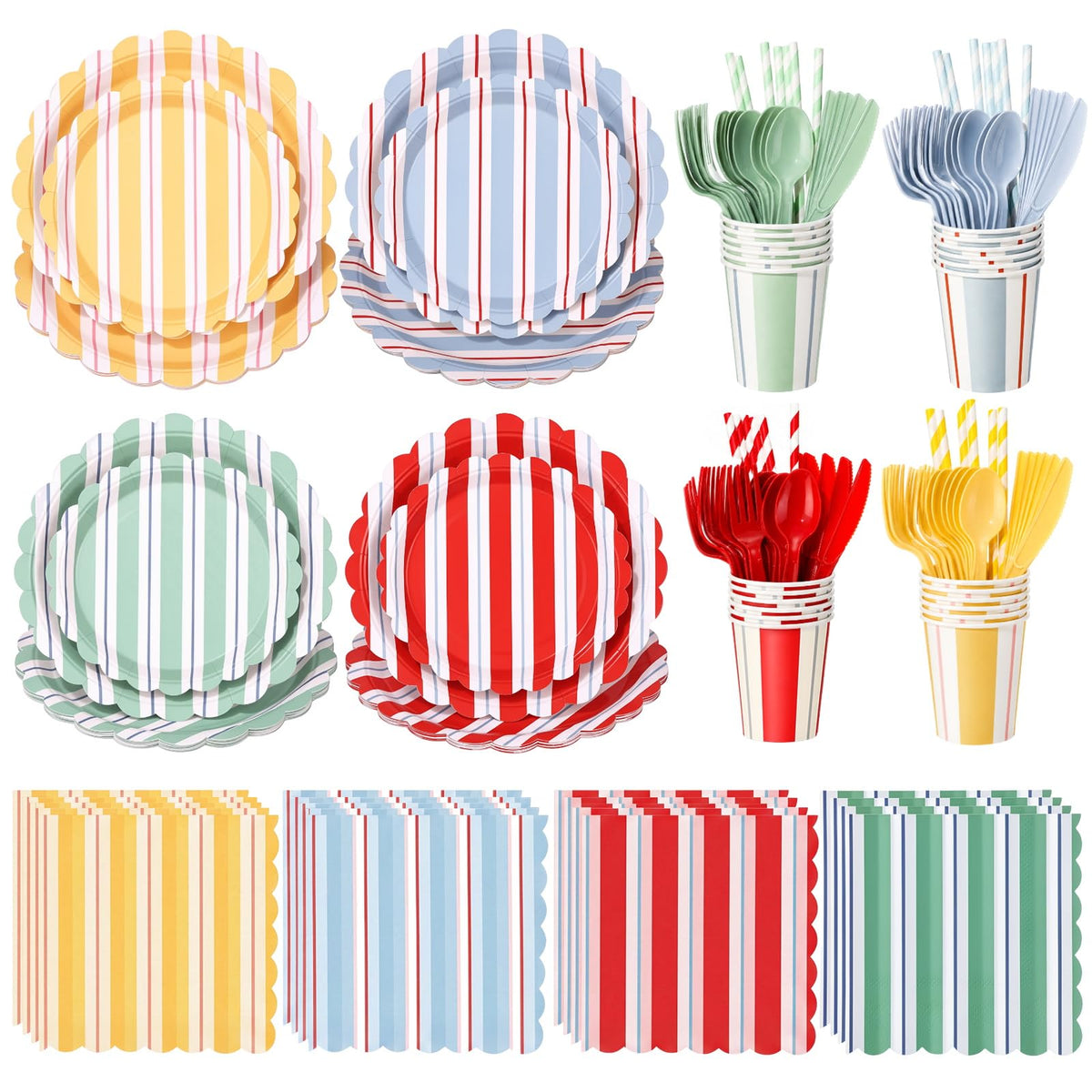 Potchen 220 Pcs Pastel Stripe Plate Party Decor Supplies for - Potchen Official Imagery - 8