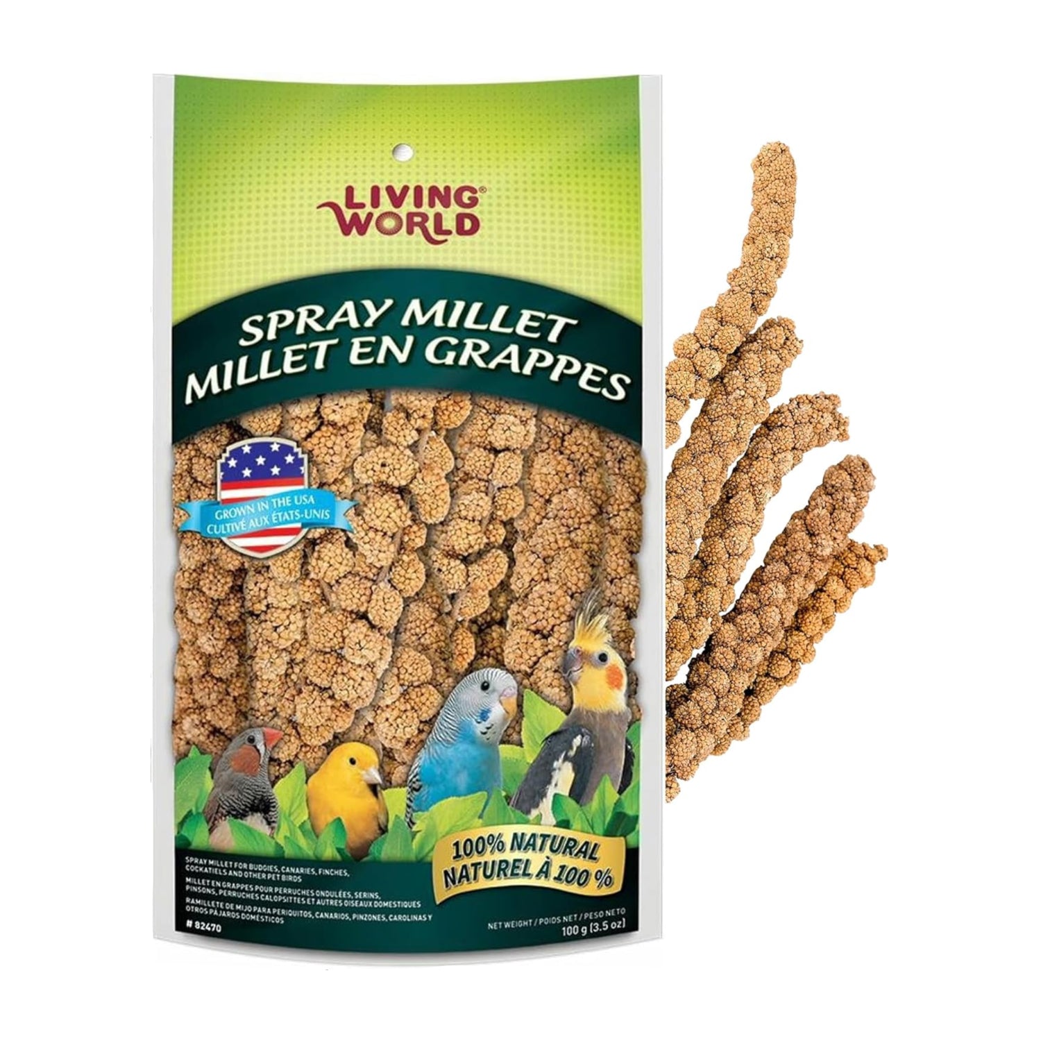 Living World millet spray for birds, 7 oz, showing fresh, colorful millet grains ideal for budgies, canaries, finches, and cockatiels.