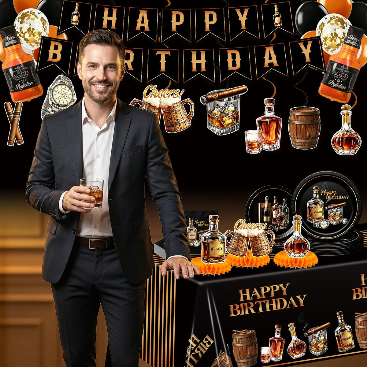 126Pcs Gentleman Vintage Birthday Paper Plates Napkins Party - ZHBZPTY Official Imagery - 6