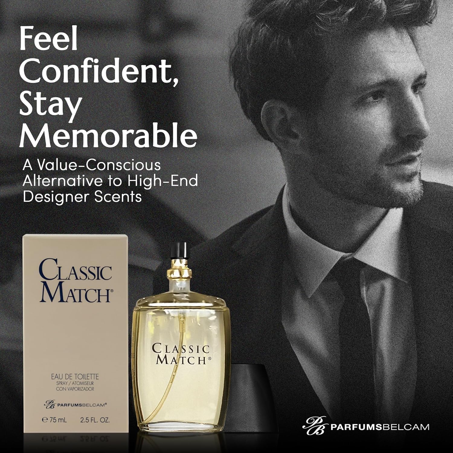 PB ParfumsBelcam Classic Match Eau de Toilette spray for men featuring a warm oriental fragrance in a sleek glass bottle.