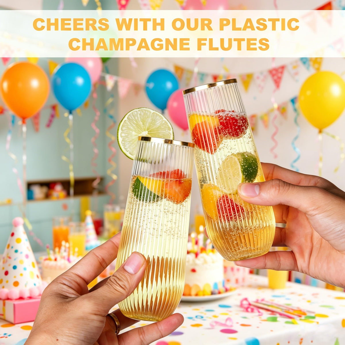 48 Pack Ribbed Plastic Champagne Flutes Glasses Stemless - JoyGletss Official Imagery - 4