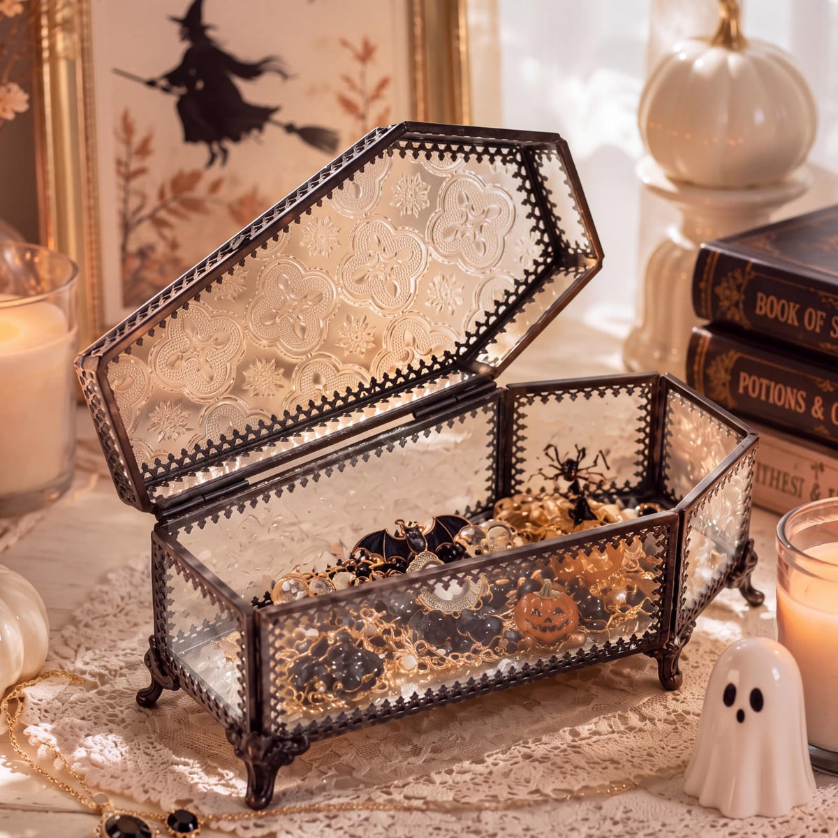 Vesici Halloween Glass Coffin Jewelry Box Embossed Trinket - Vesici Official Imagery - 1