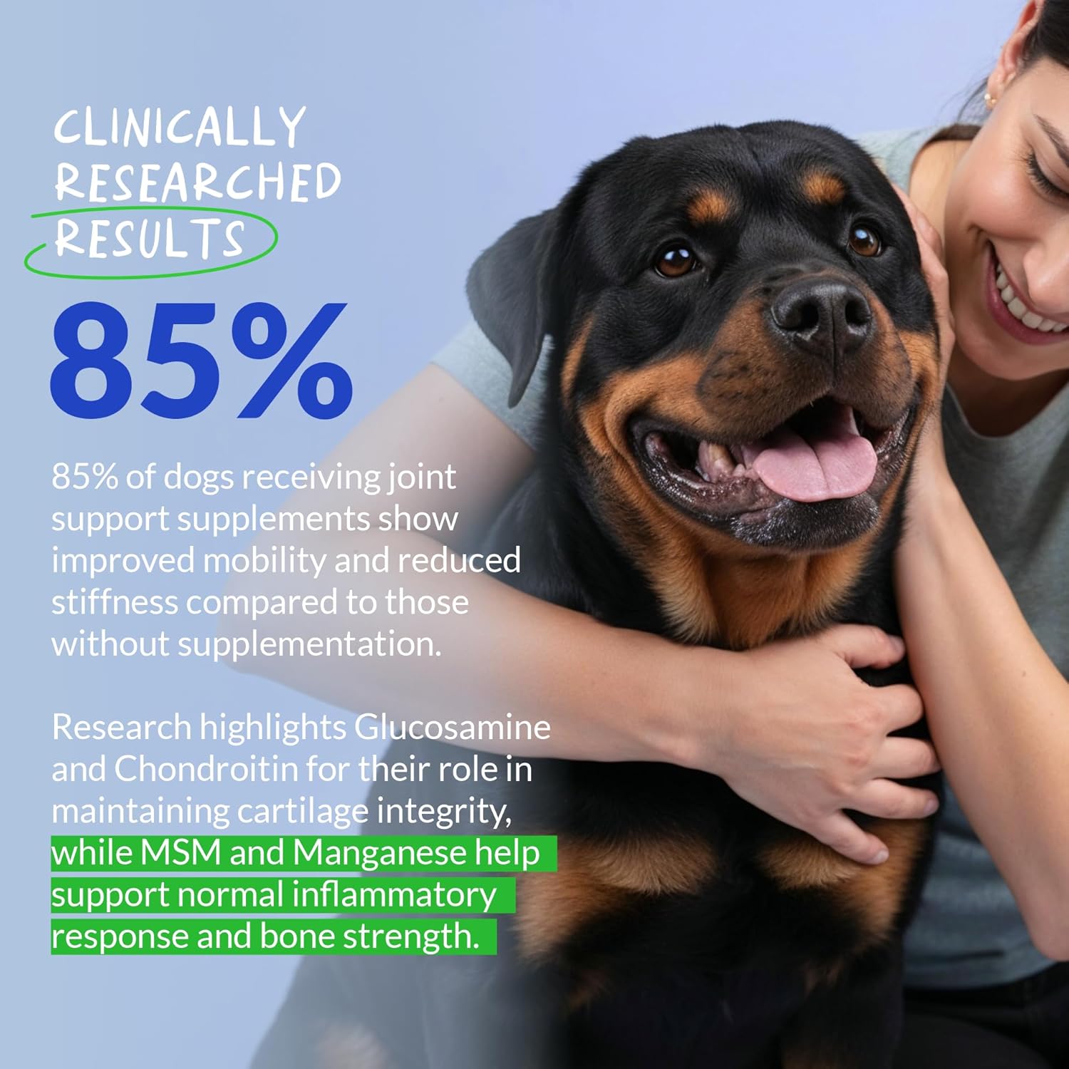 Coco and Luna dog hip and joint supplement with glucosamine, showing the supplement bottle and dog-friendly ingredients.