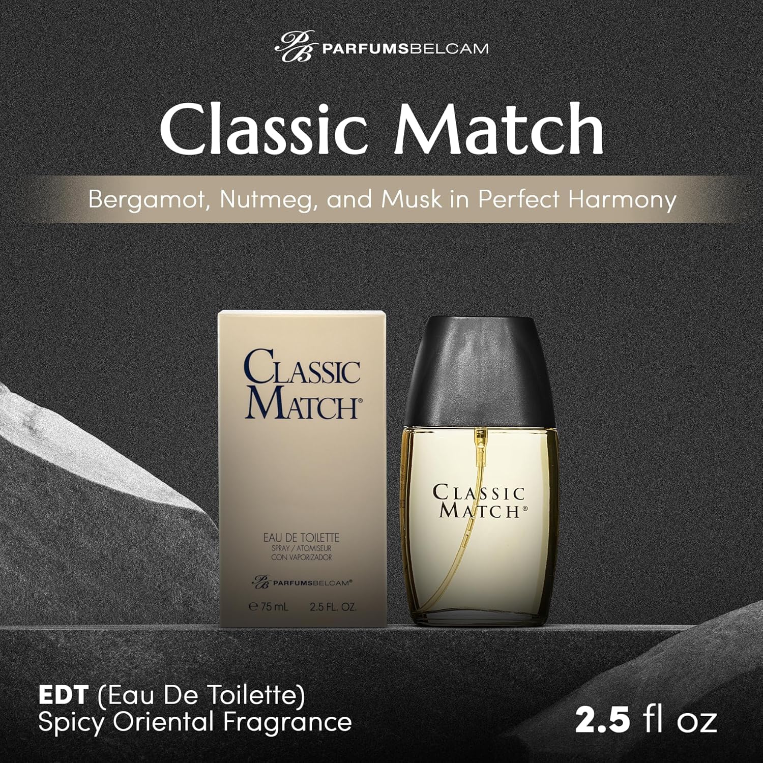 PB ParfumsBelcam Classic Match Eau de Toilette Spray for Men, warm oriental fragrance, shown in the bottle.