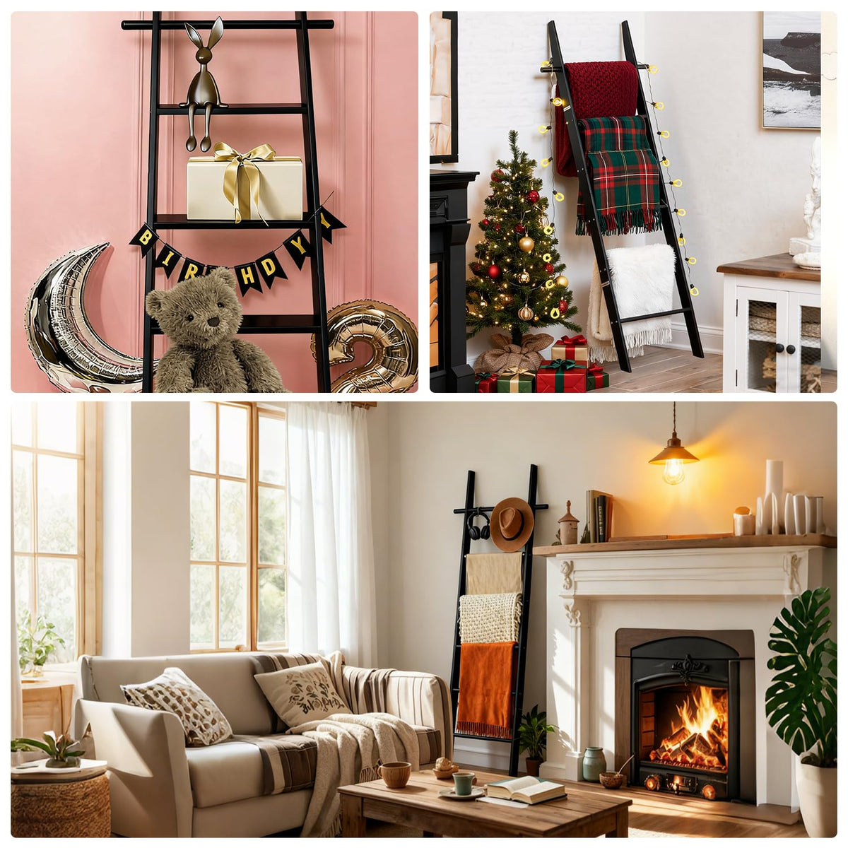 Farmhouse Wooden Blanket Ladder with Removable Hooks Black 6 - chilinii Official Imagery - 5