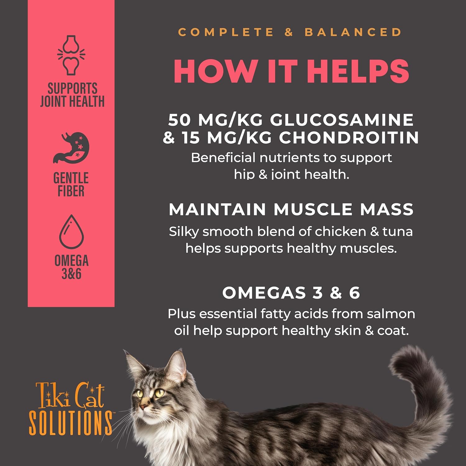 TIKI PETS Tiki Cat Solutions Mobility Mousse in chicken and tuna flavor, 2.4 oz pouch, featuring the cat food in a clear pouch.