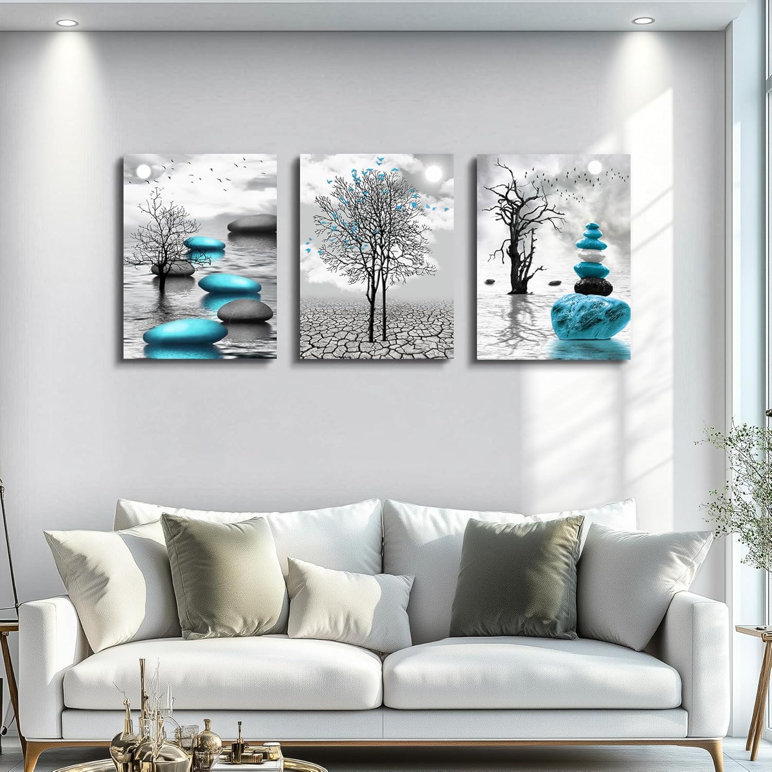 Three-piece abstract wall art set by DZRWUBHS featuring modern canvas artworks with stone-inspired designs for living room decor.
