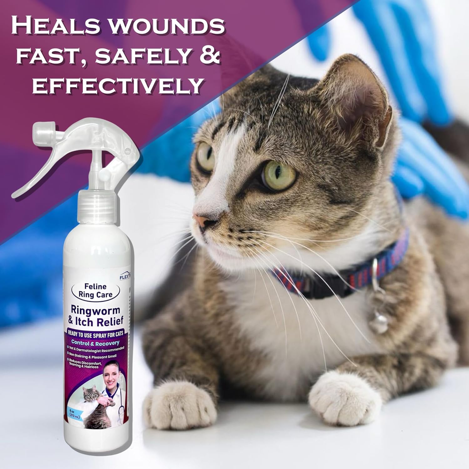 FlexTran Feline Ring Care bottle for controlling cat ringworm, mange, dermatitis, and dog paw yeast infections.