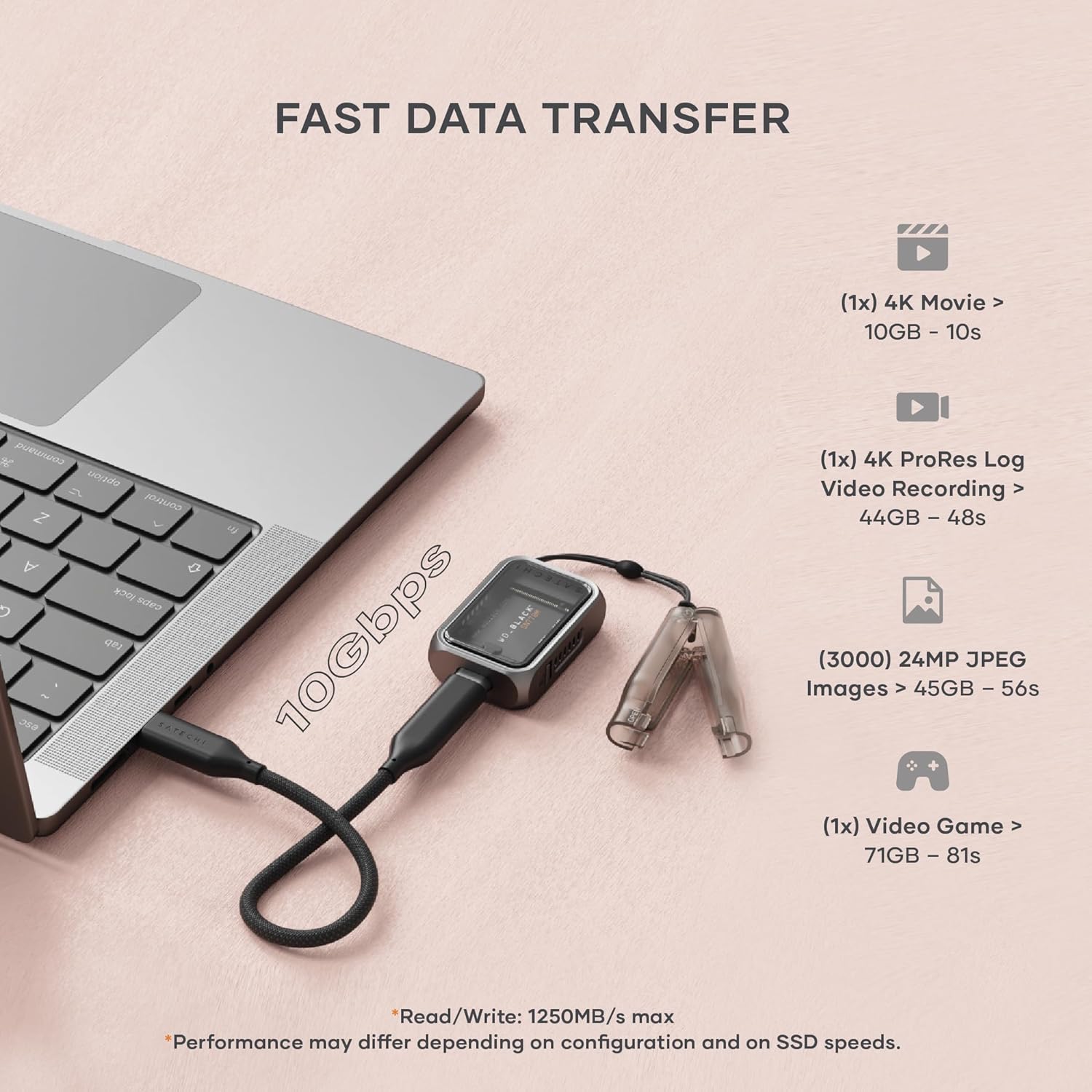 Satechi M.2 NVMe Mini SSD Enclosure showing sleek black design with USB-C port for fast data transfer up to 10Gbps.