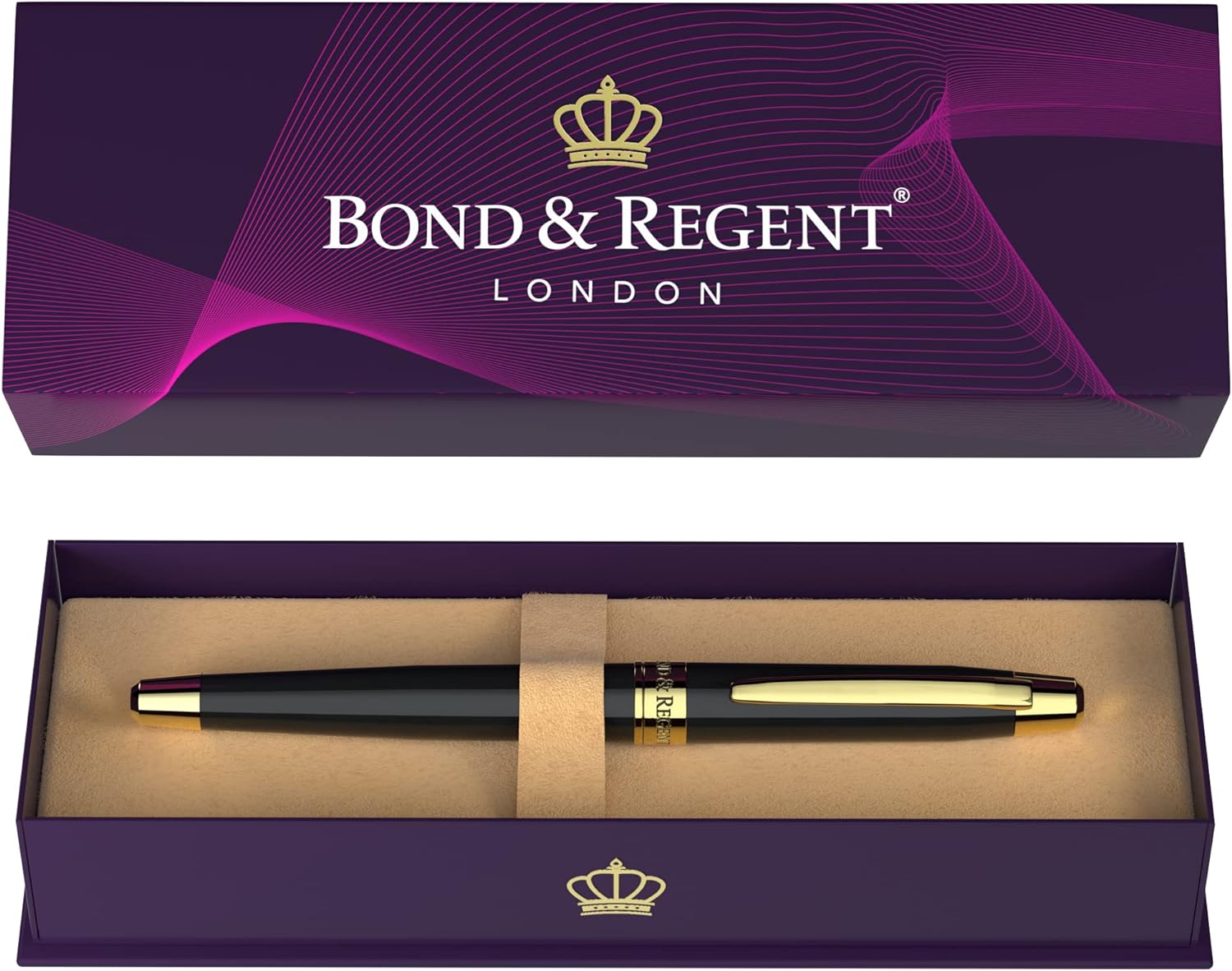 Bond & Regent 24K gold luxury rollerball pen in royal blue with sleek design and gold accents on a white background.