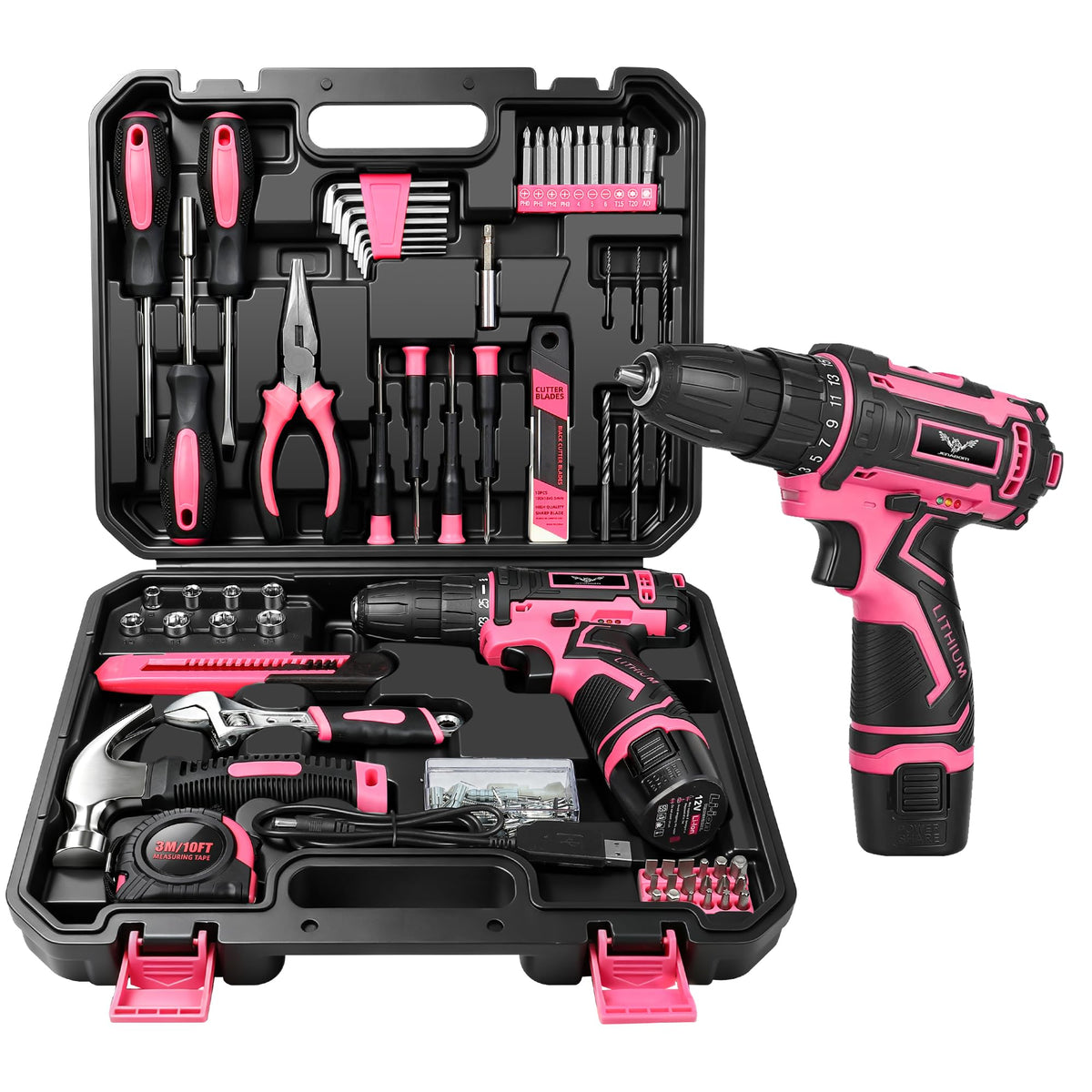 12V Cordless Drill Tool Set Home Tool Set with Pink Drill - JENABOM Official Imagery - 2