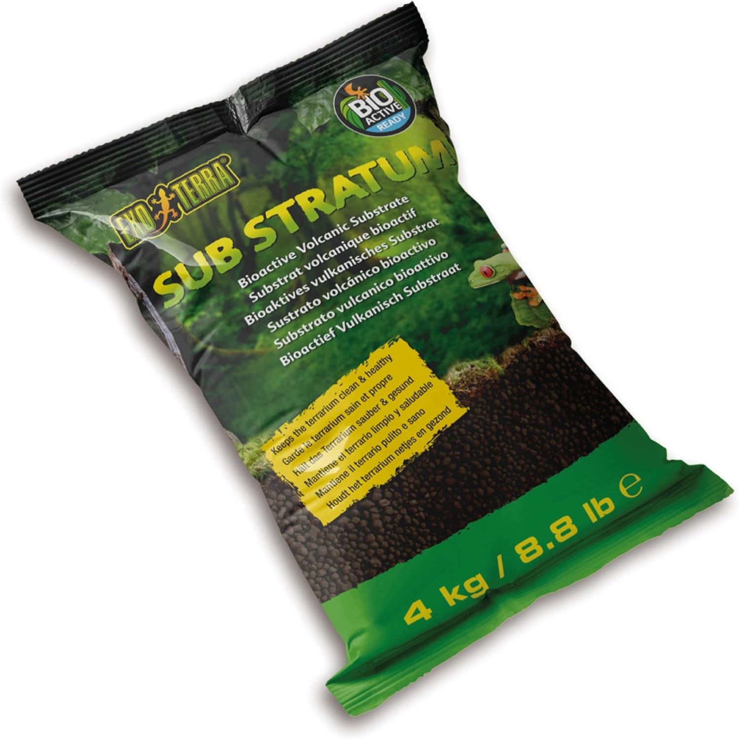 Exo Terra Sub Stratum bioactive volcanic substrate for reptile terrariums, showing dark, granular reptile habitat substrate.