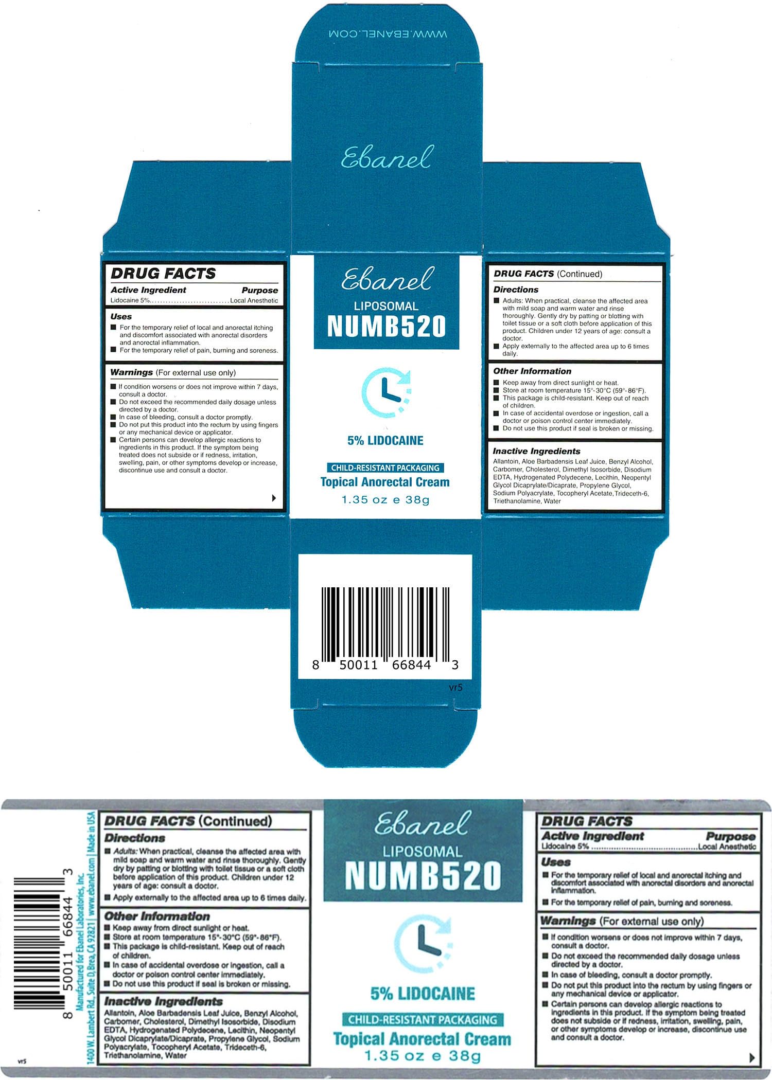 Ebanel 5% Lidocaine numbing cream for pain and itch relief, shown in a tube with applicator, used for topical anesthesia.