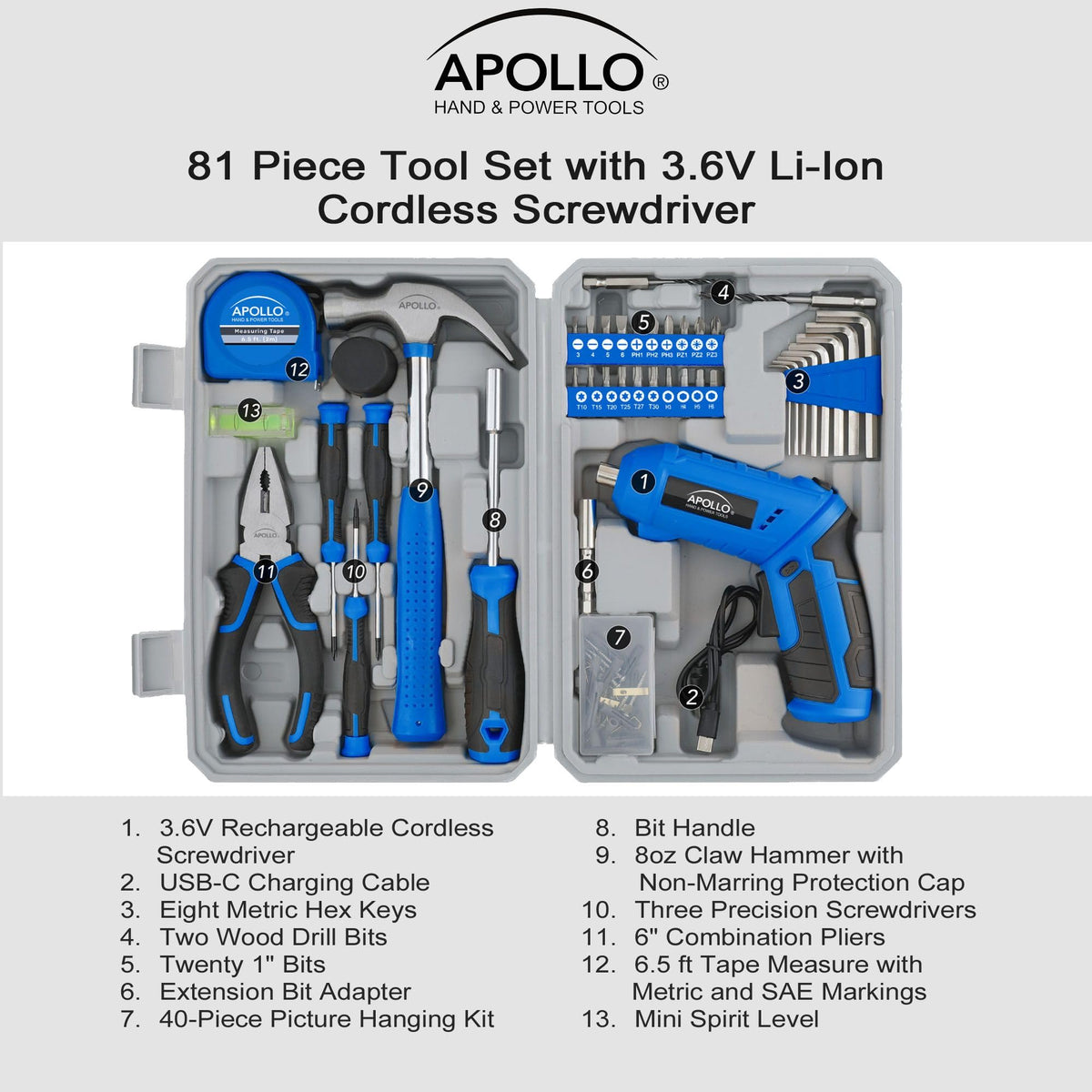 Apollo Tools 81 Piece Home Tool Set Blue Gray DT2020 - Apollo Official Imagery - 5