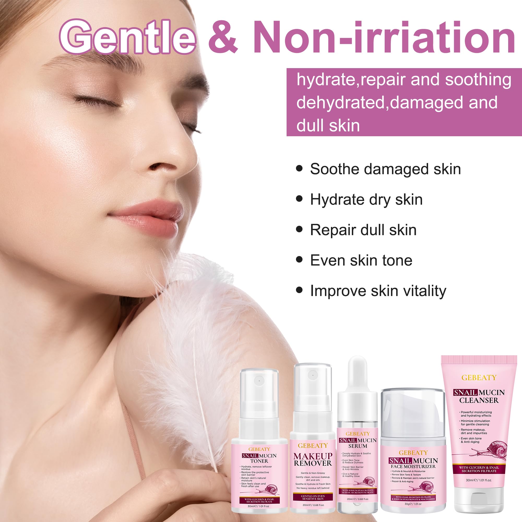 Skin Care Set, 5-Piece Hydrating &amp; Soothing Snail Mucin - GEBEATY