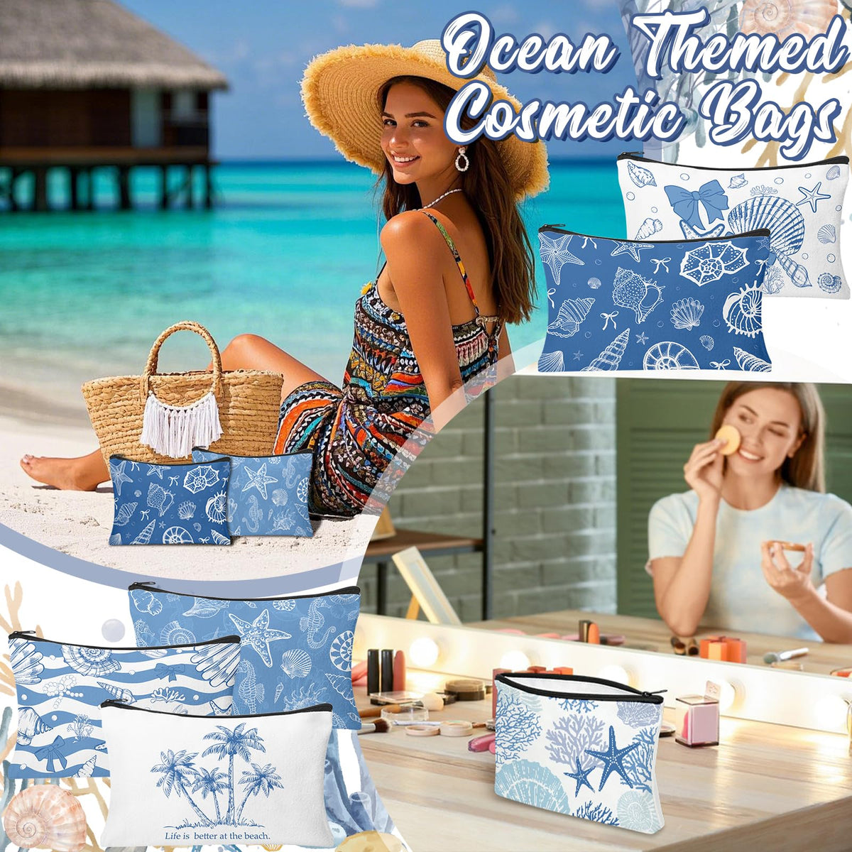 30 Pcs Coastal Makeup Bags Blue Bow Seashell Makeup Bag - HSDSH Official Imagery - 5
