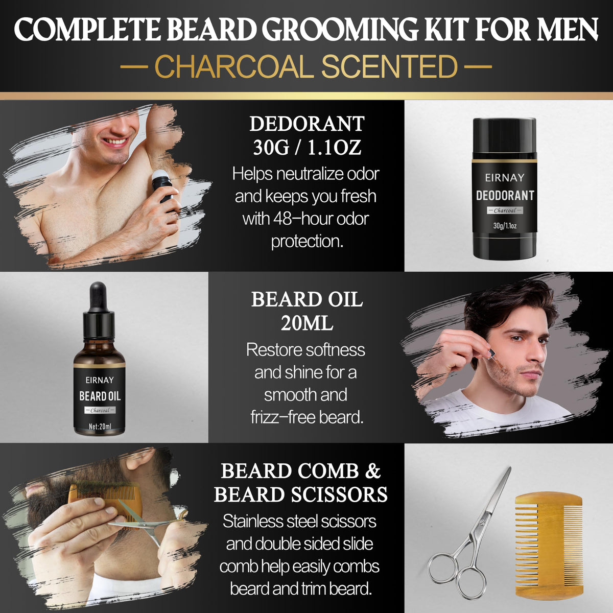 Spa Gifts for Men Charcoal Bath and Beard Grooming Kit - EIRNAY Official Imagery - 6