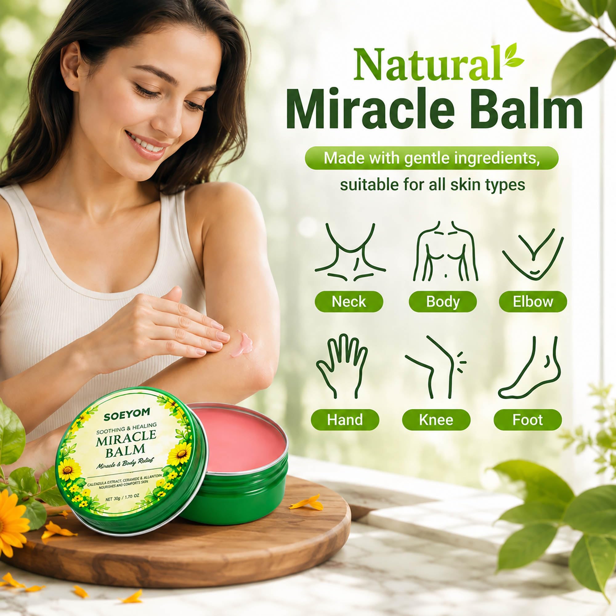 SOEYOM Miracle Balm cooling body and muscle relief moisturizer in 50g jar, smooth texture and soothing application.