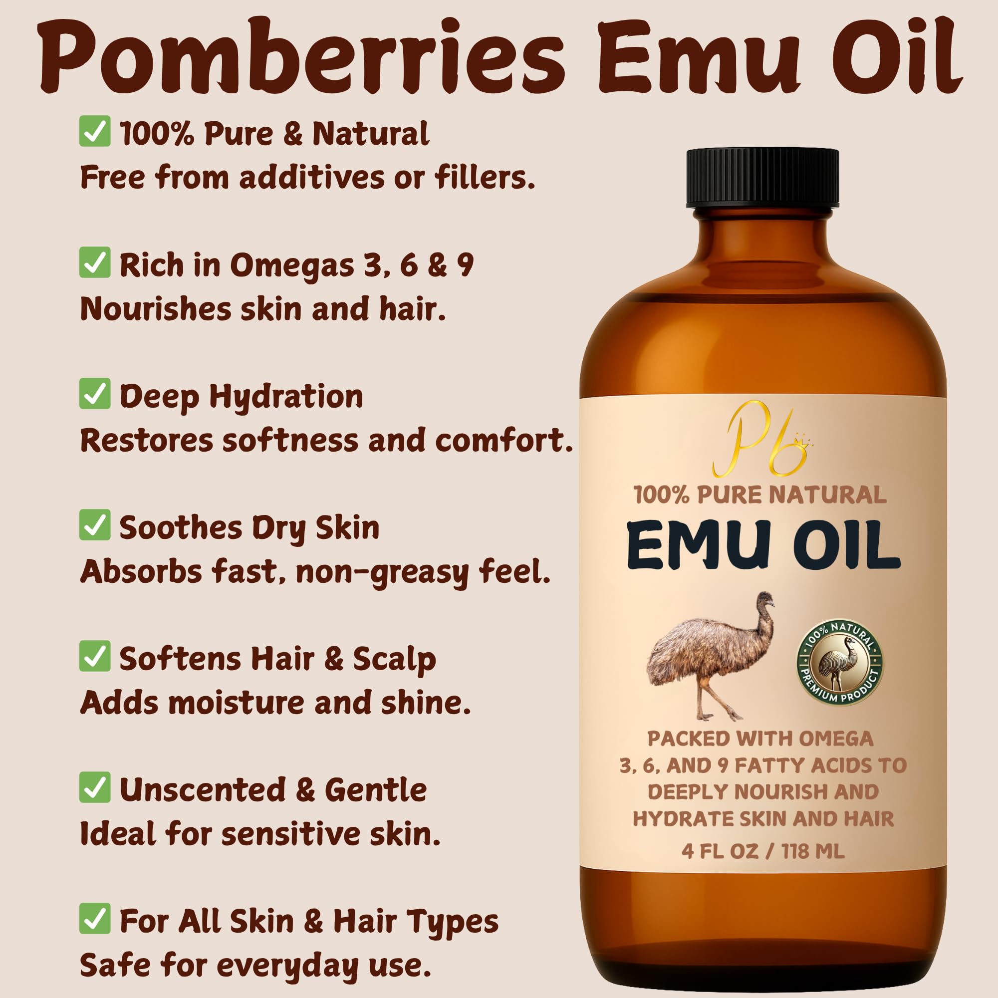 Pomberries Emu Oil, 100% Pure Australian Emu Oil for Skin, 4 fl oz