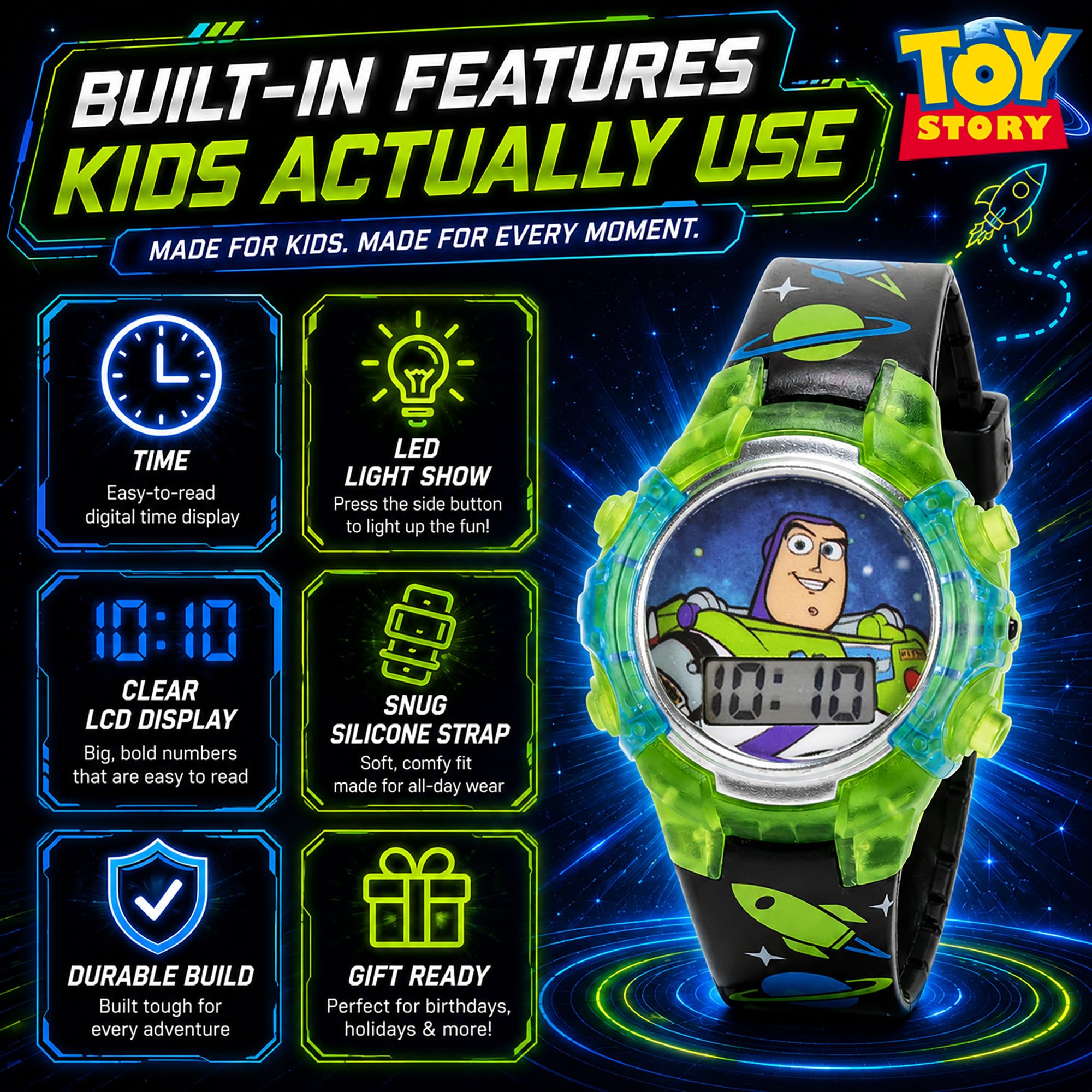 Accutime Disney Pixar Toy Story 4 Buzz Lightyear Kids Flashing LCD Wat - View 4