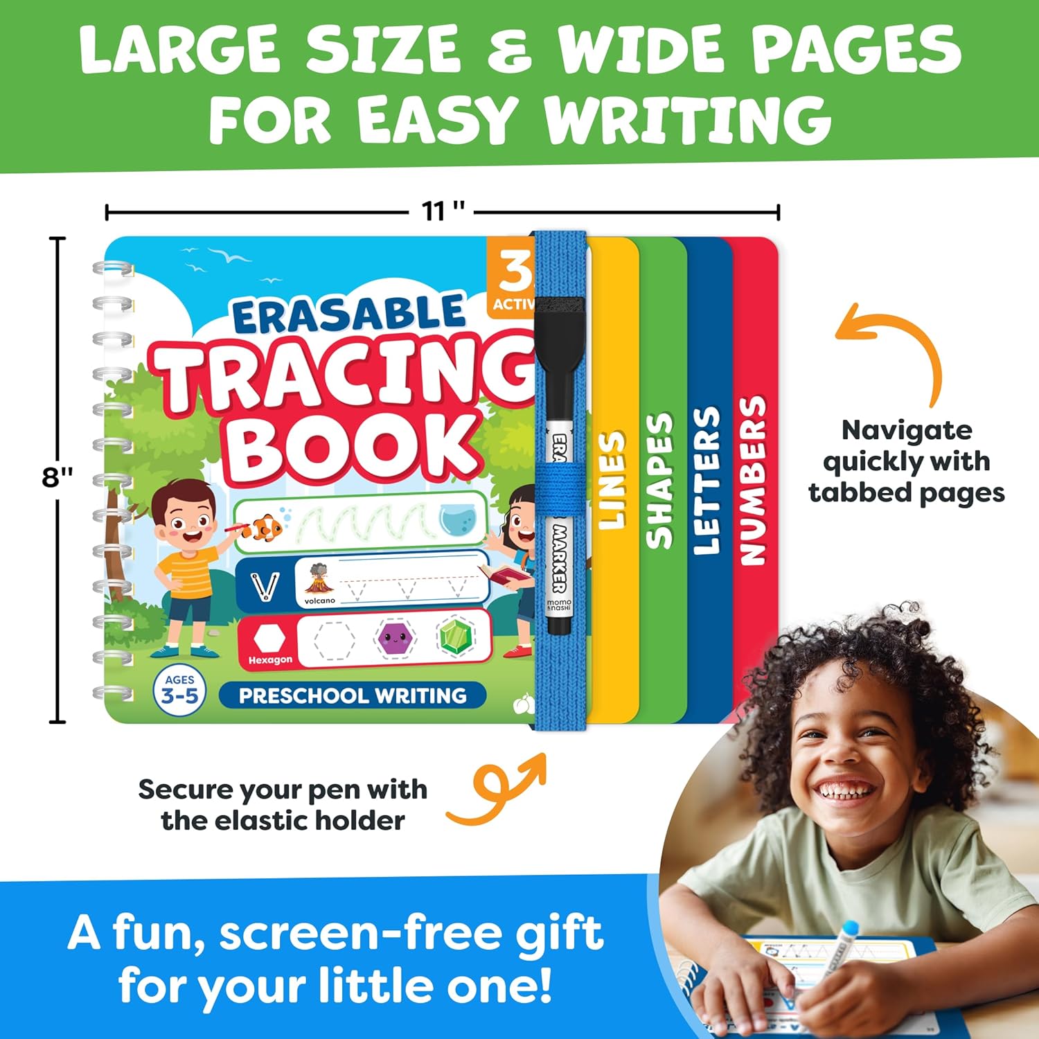 Momo & Nashi preschool letter tracing book for kids ages 3-5, toddler educational activity with colorful alphabet pages.