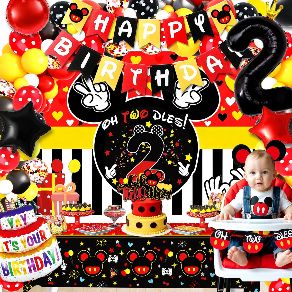 132pcs Oh Twodles Birthday Party Supplies Boy Red Mouse 2nd - Yusino Official Imagery - 1