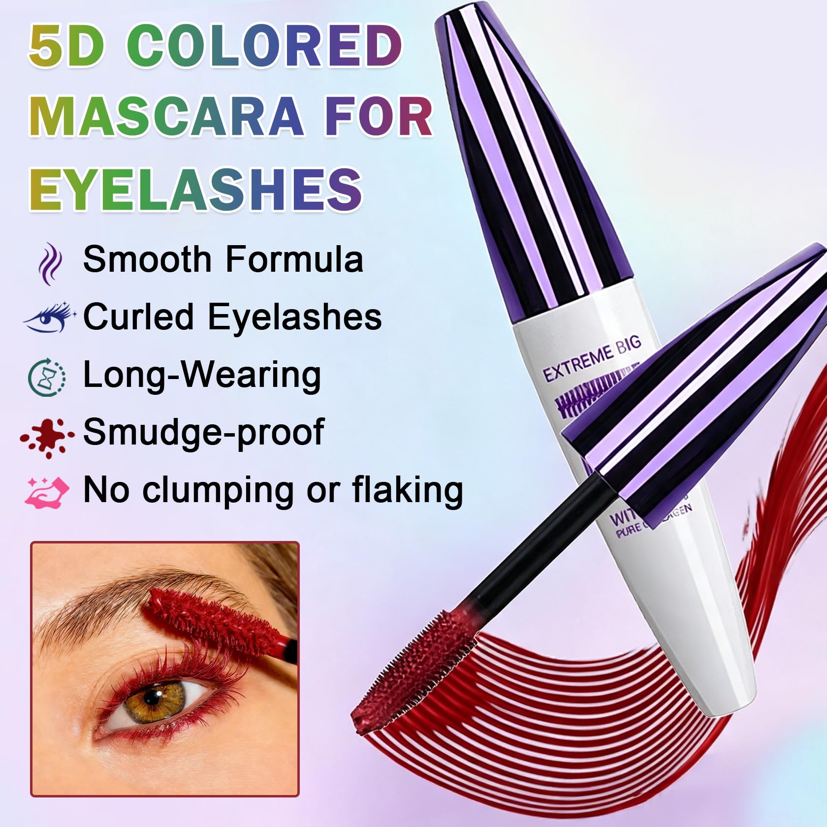 Close-up of Rosawee ROSAWEE 5D Blue Waterproof Mascara on lashes, showing volume and length with vibrant blue color.
