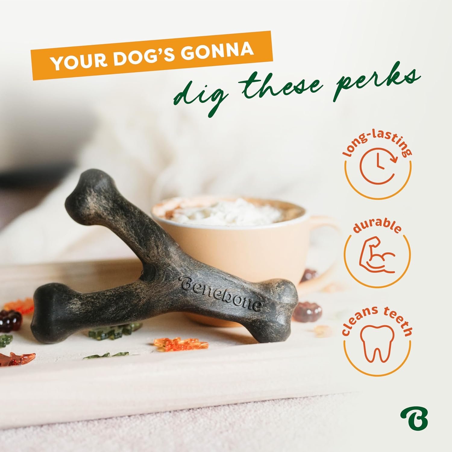 Benebone Pumpkin Spice Wishbone dog chew toy in orange, durable nylon material with limited edition pumpkin spice flavor.