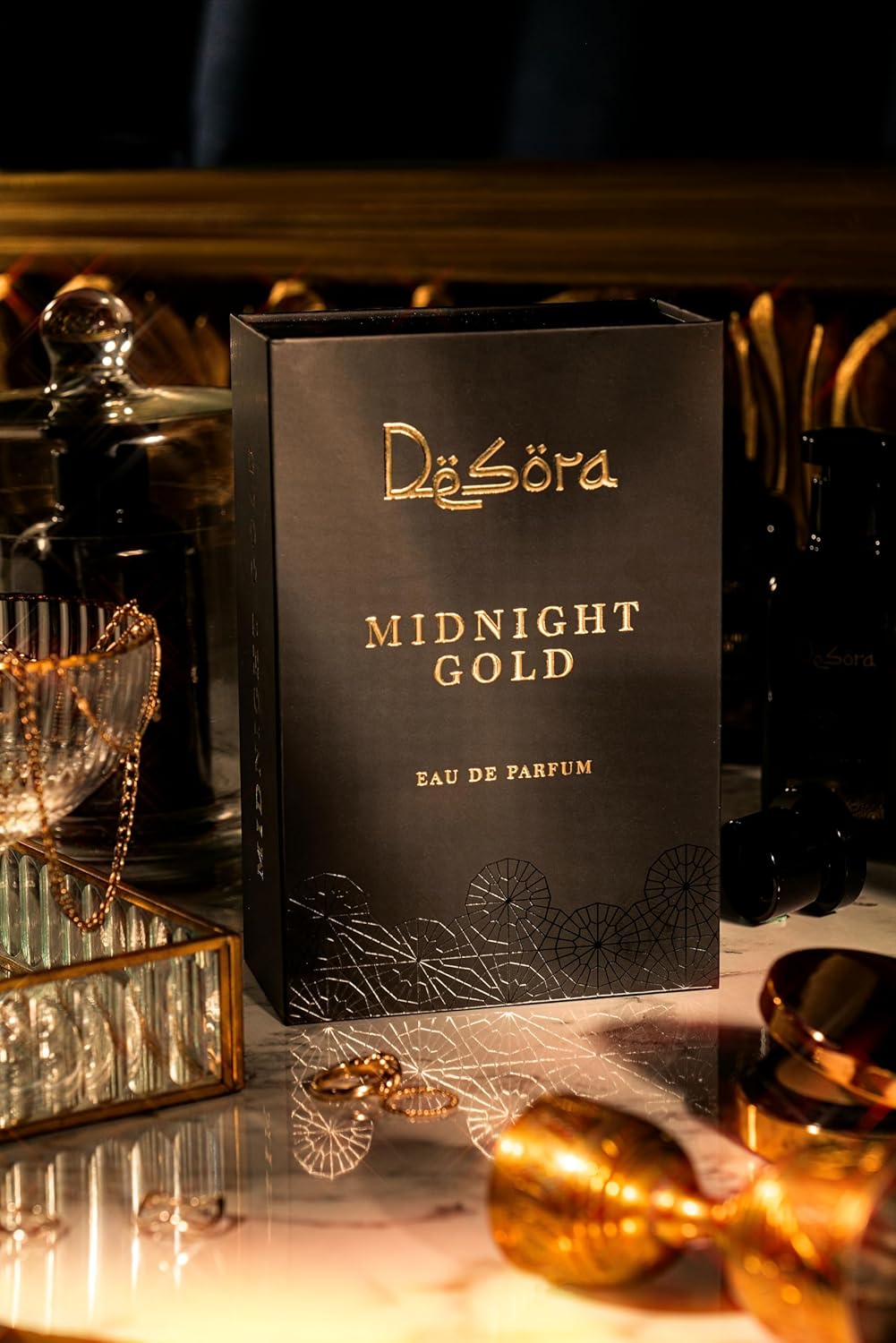 Unisex Desora Midnight Gold Eau de Parfum with grapefruit and patchouli, 3.4 oz long-lasting perfume bottle.