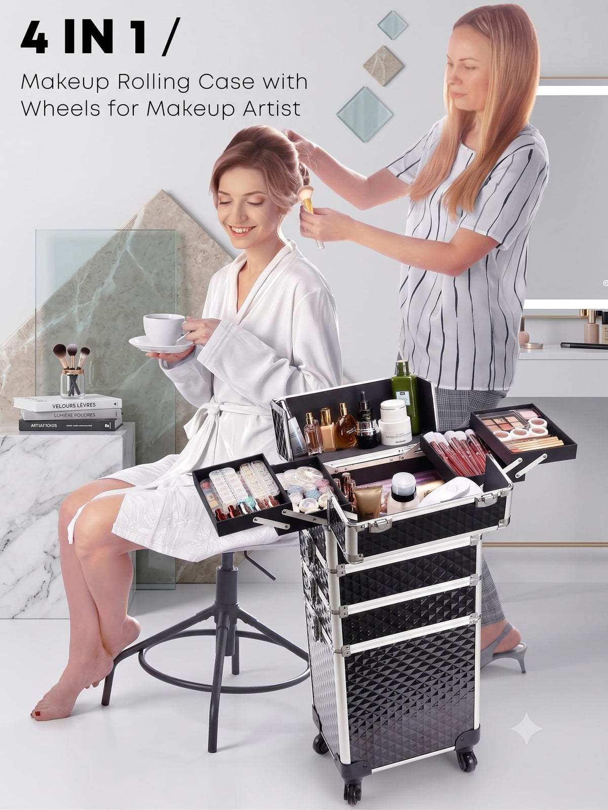 4 in 1 Rolling Makeup Train Case Portable Cosmetology - Adazzo Official Imagery - 3
