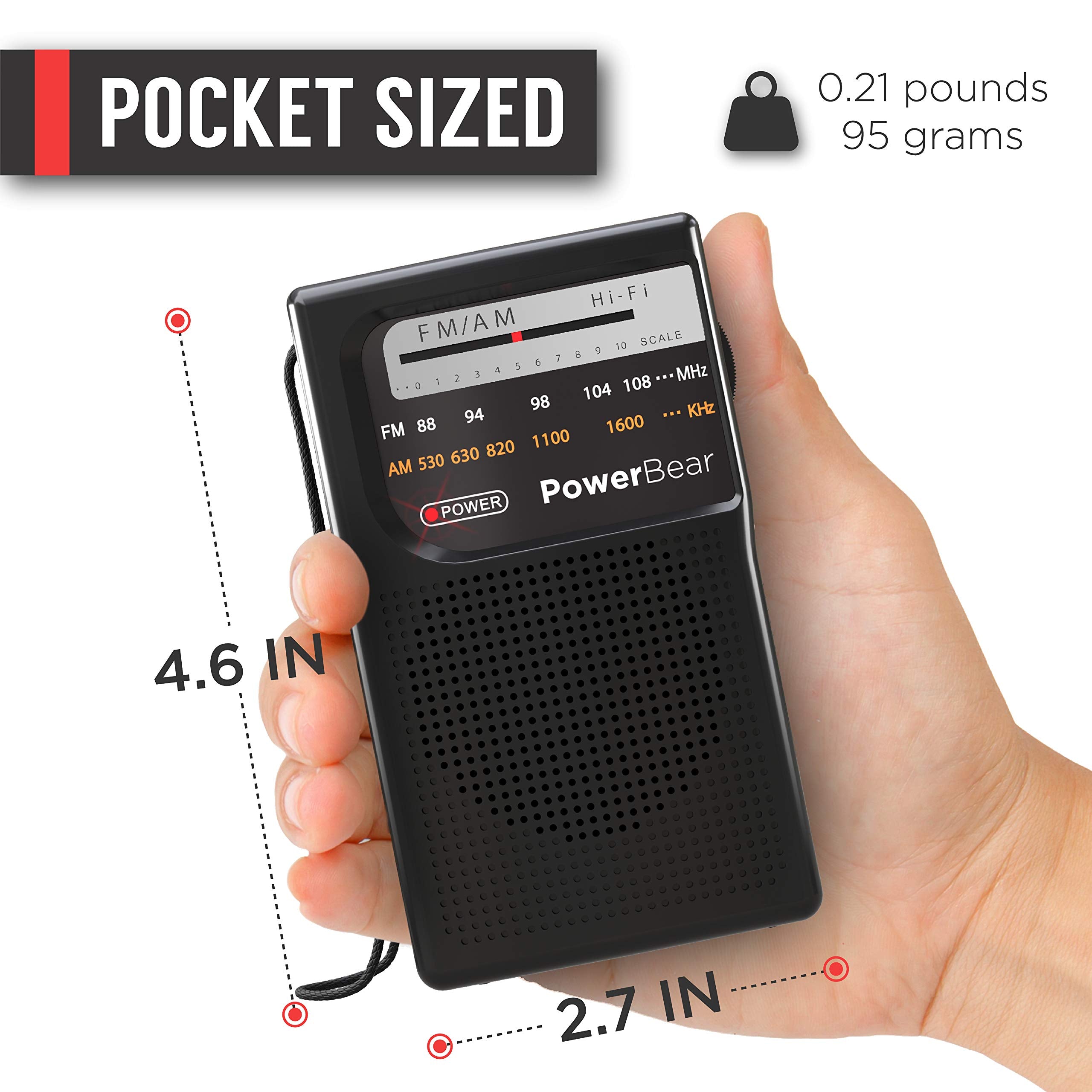 PowerBear Portable AM/FM Radio, 800Hr Battery Life, Black