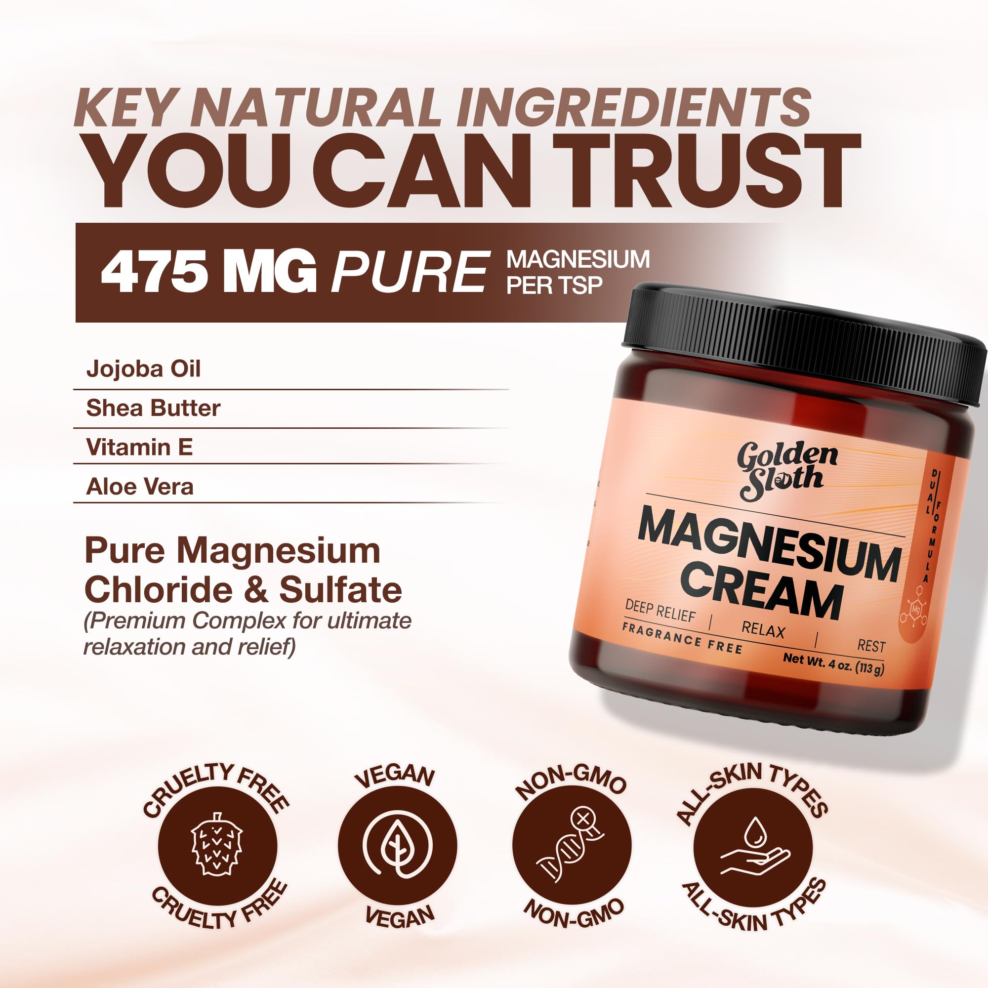 Golden Sloth Magnesium Cream – Unscented, Fast-Absorbing