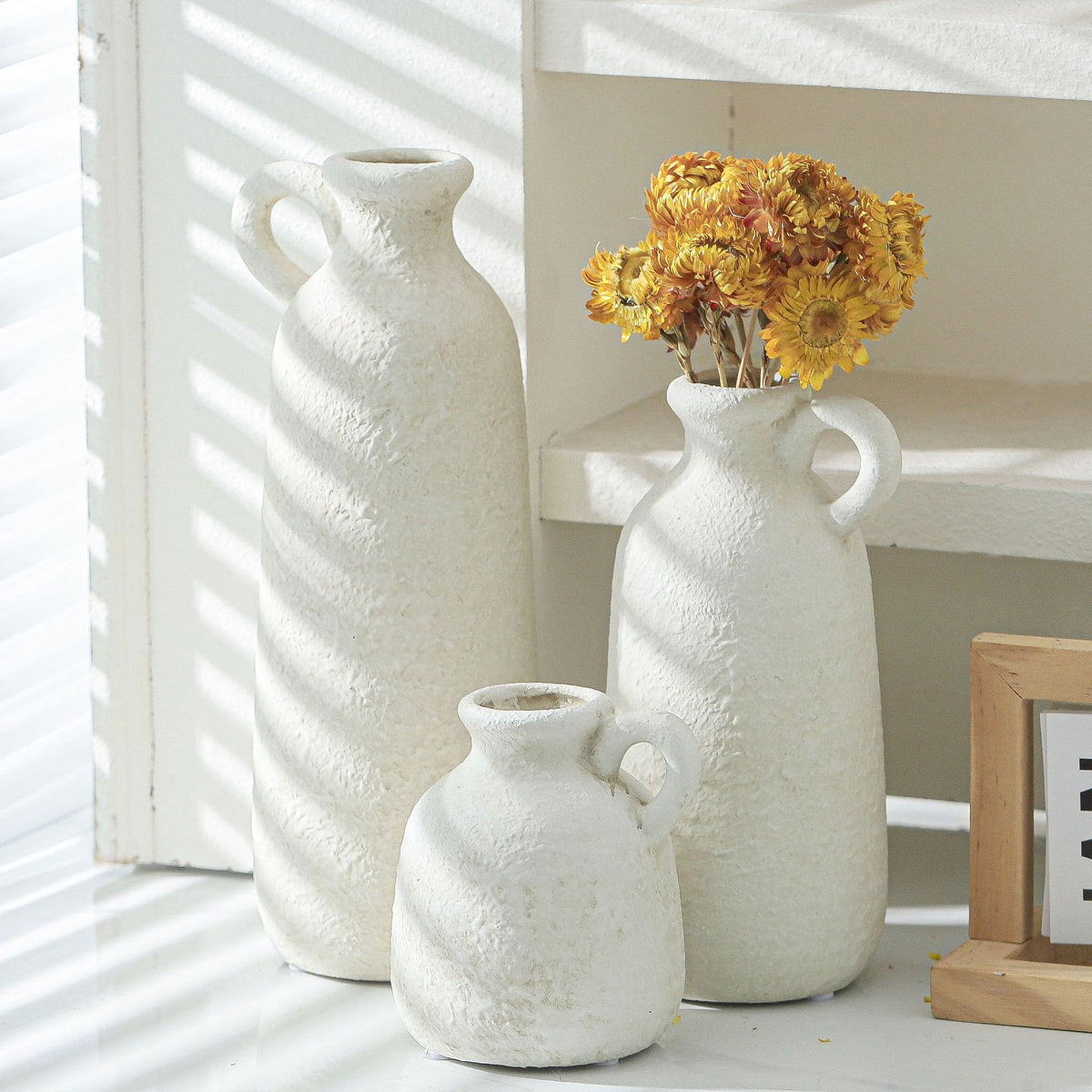 Ceramic Vase Set of 3 with Handle Neutral Rustic Vases Home - ooit Official Imagery - 7