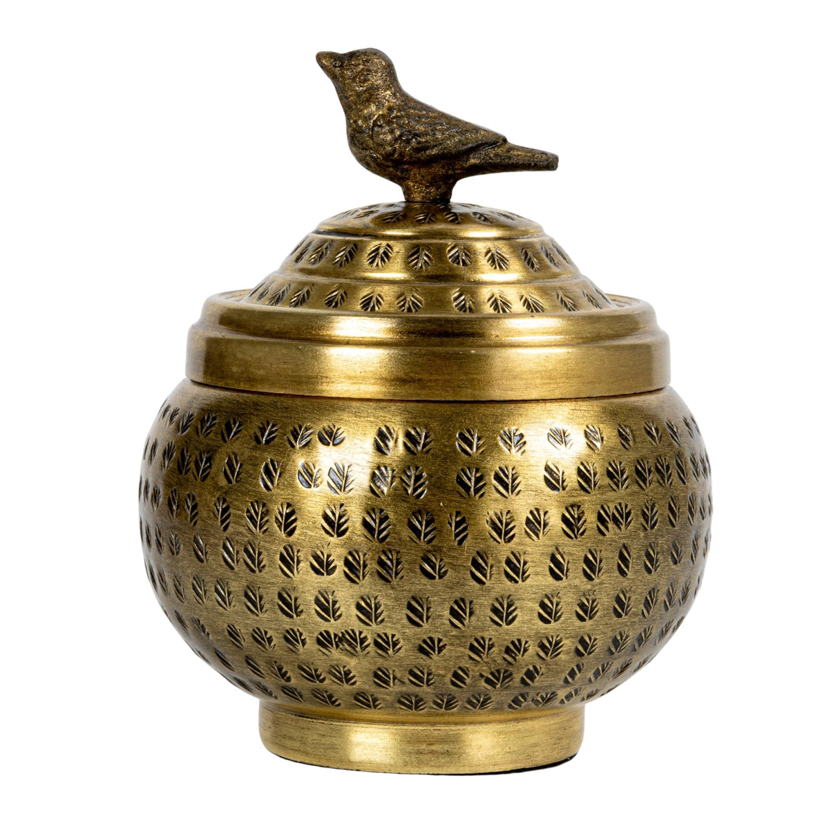 Round Hammered Metal Container with Bird Finial Brass Finish - Premium Selection Official Imagery - 7