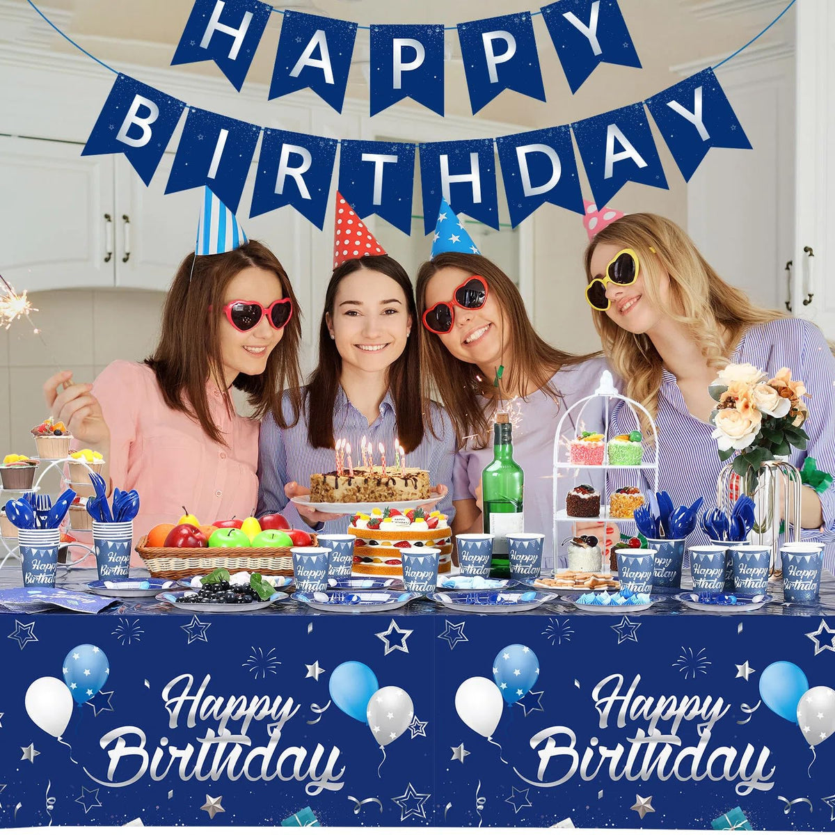Blue and Silver Birthday Party Set Plates Napkins Cups for - Pajean Official Imagery - 7