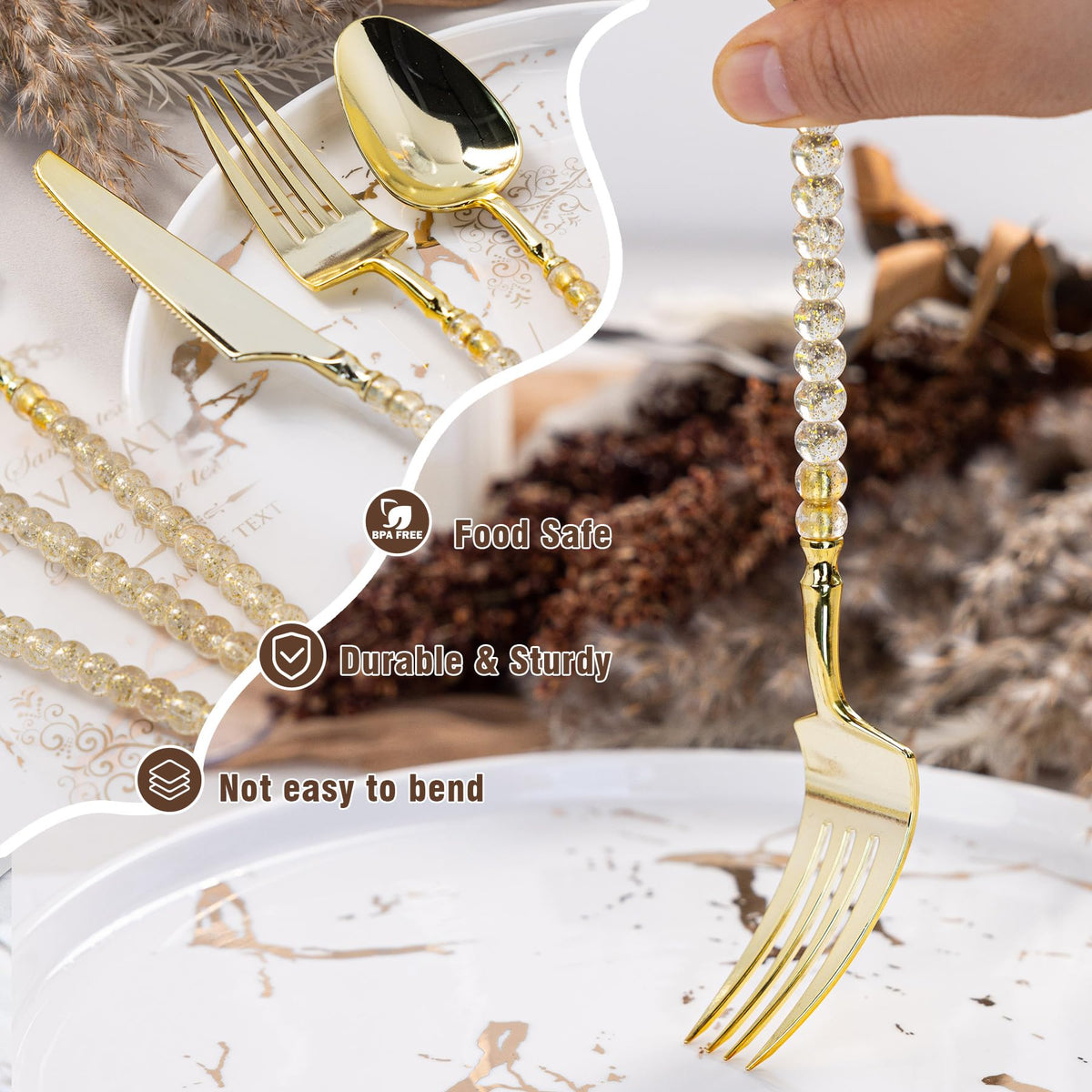 150PCS Gold Plastic Silverware Heavy Duty Disposable - QualQuot Official Imagery - 6
