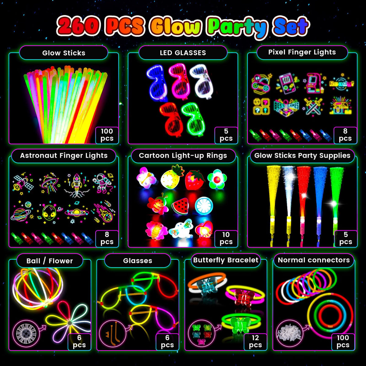 LovesTown 260PCS Glow in the Dark Party Supplies Neon - LovesTown Official Imagery - 6