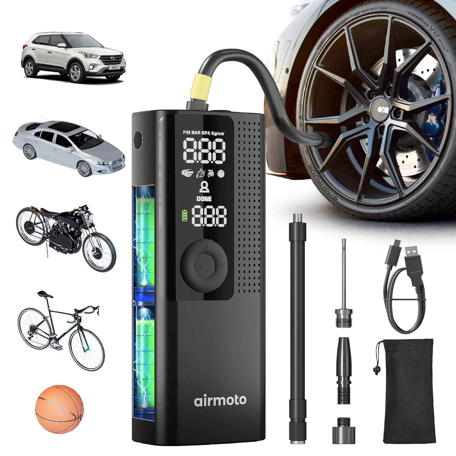 Airmoto Tire Inflator Portable Air Compressor - Air Pump for Car Tires with Digital Pressure Gauge, LE