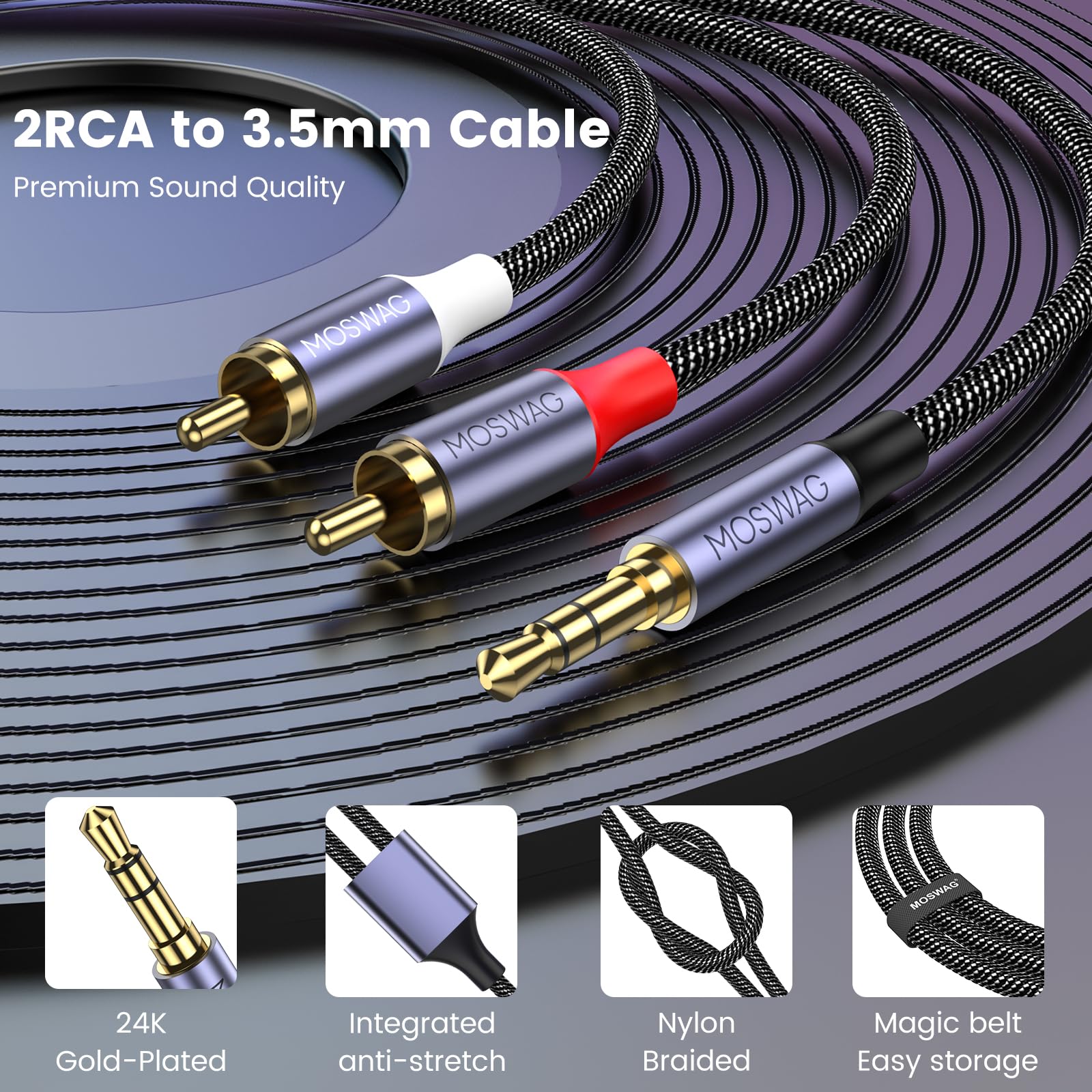 MOSWAG 3.5mm to RCA Cable Headphone to RCA Cable AUX to RCA Audio by MOSWAG - Angle View 5