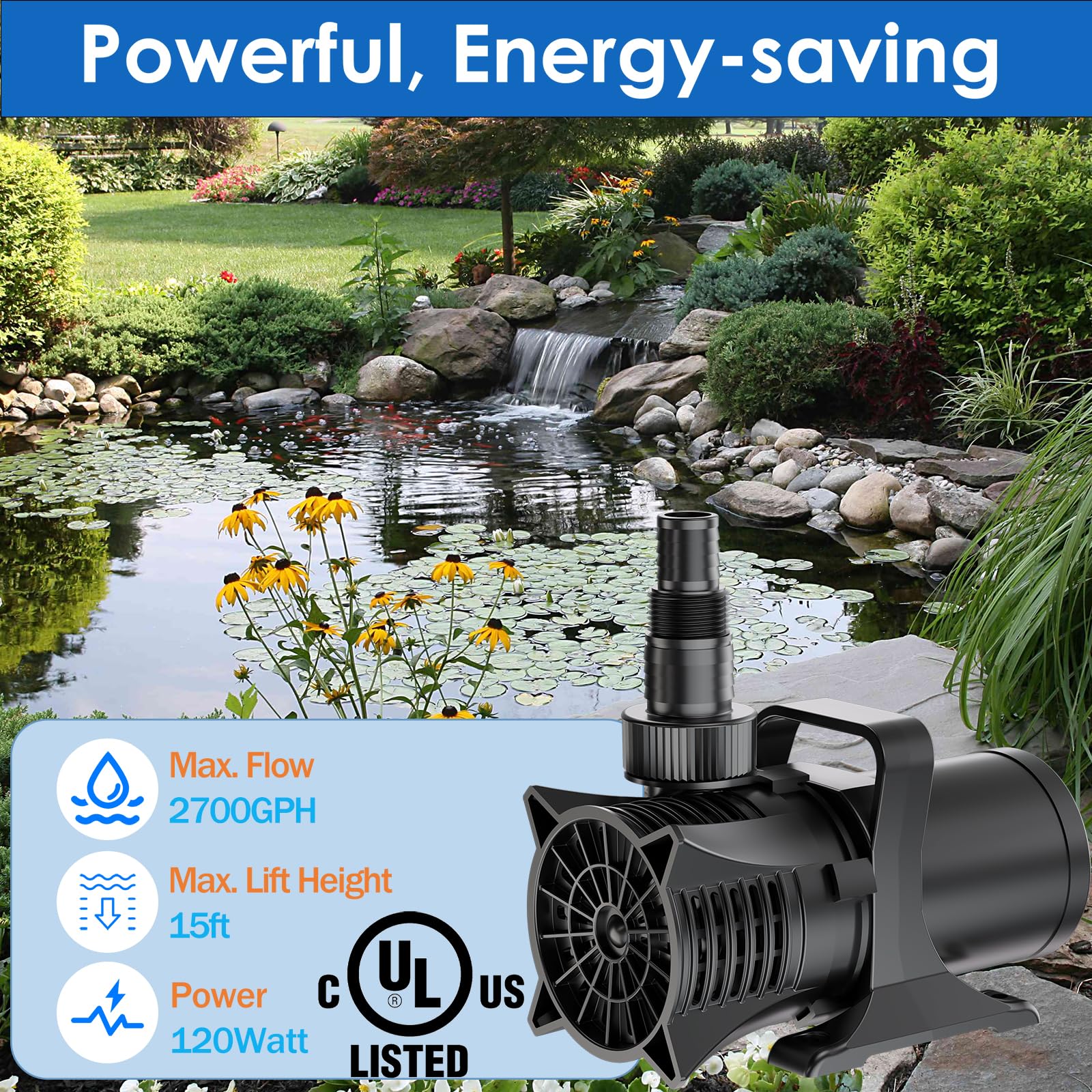 AquaMiracle 2700GPH Submersible Water Pump UL Certified Pond Pump - AquaMiracle Official Product View 3