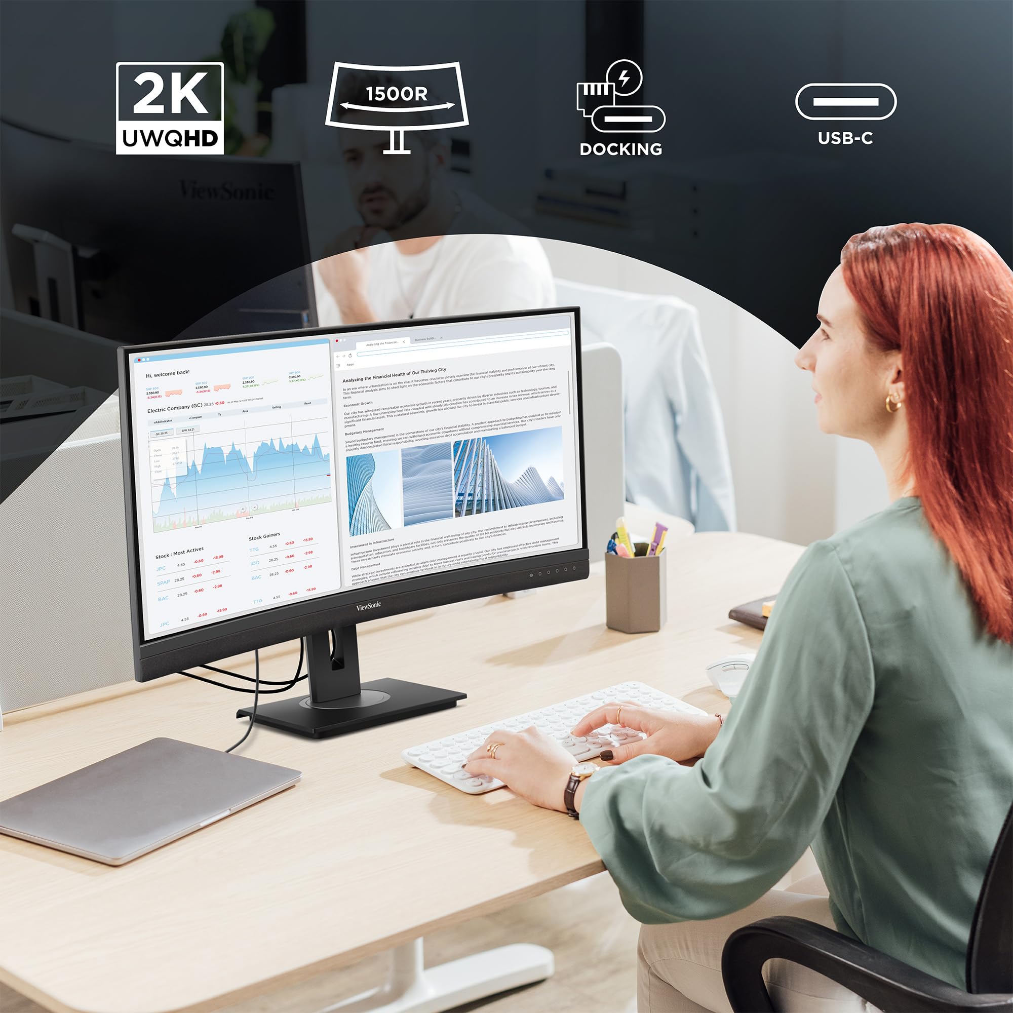 ViewSonic VG3456CA 34 Inch 1440p Ultrawide Docking Monitor, Curved IPS Display for Smooth Home and Office Productivity, Full Ergonomic Adjustability, 100W USB-C, RJ45, and HDMI Inputs