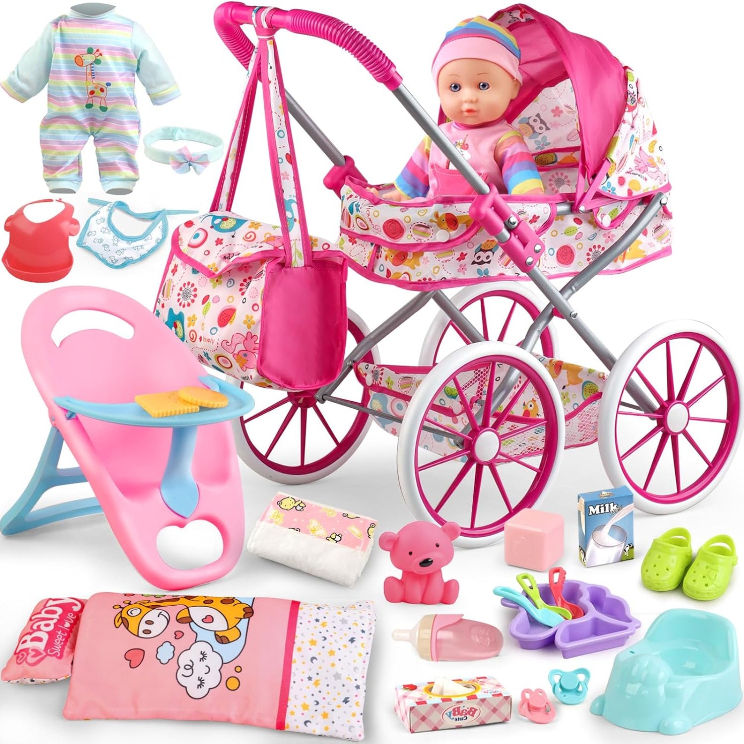 YIYBM baby doll stroller toys set with 12.5-inch doll, dining chair, quilt pillow, and 24-piece accessories for children