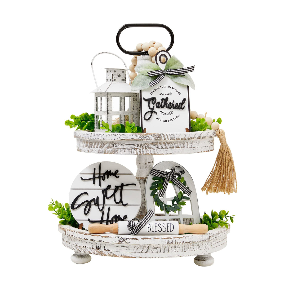 Set of 16 Farmhouse Tiered Tray Decor with 1 Lantern - Houmury Official Imagery - 1