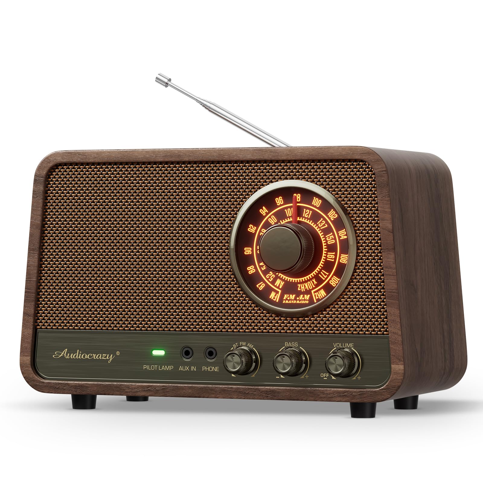 Audiocrazy Vintage Wood AM FM Bluetooth Radio, 10W Espresso