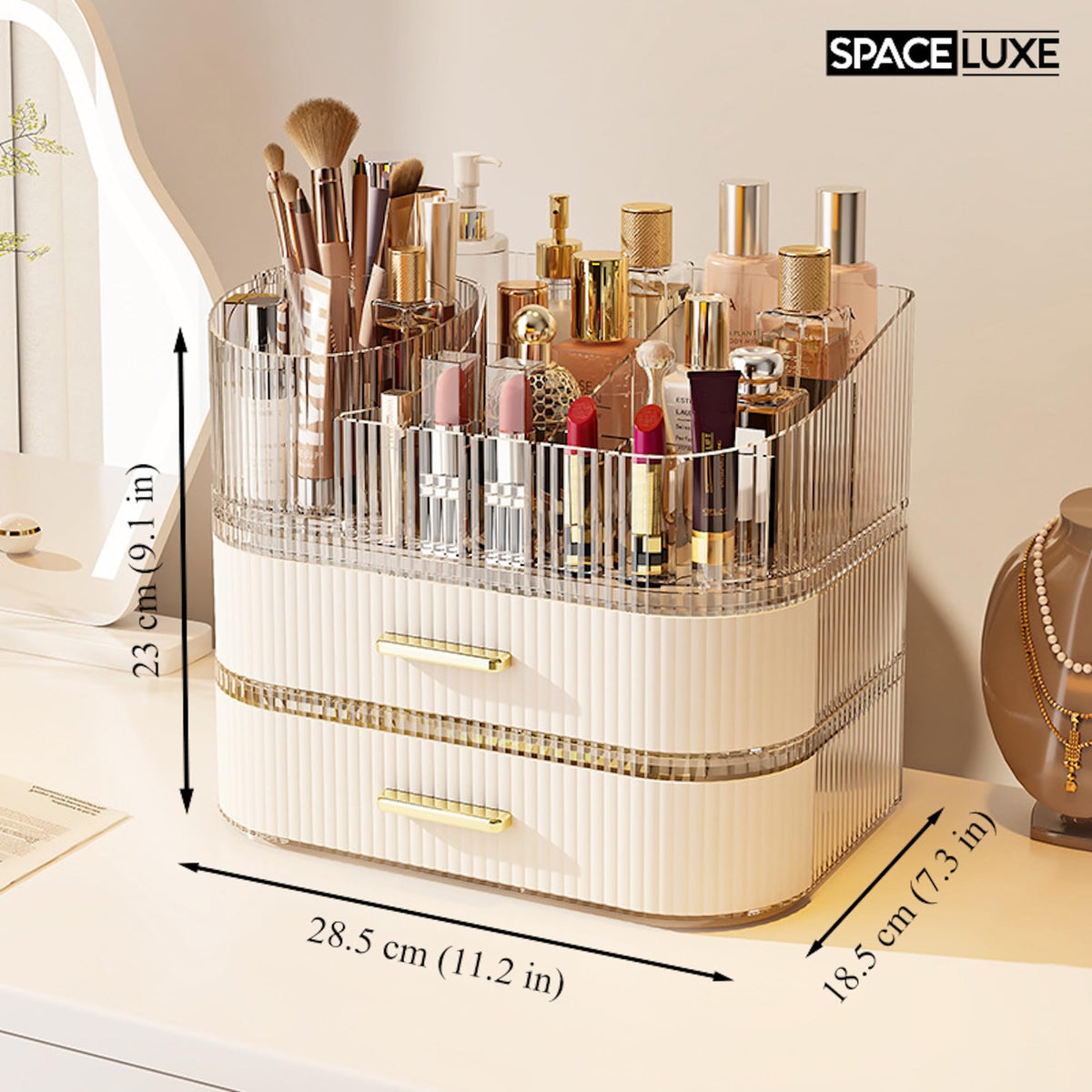 Large Makeup Organizer with Drawers 360 Rotating Brush - SpaceLuxe Official Imagery - 3