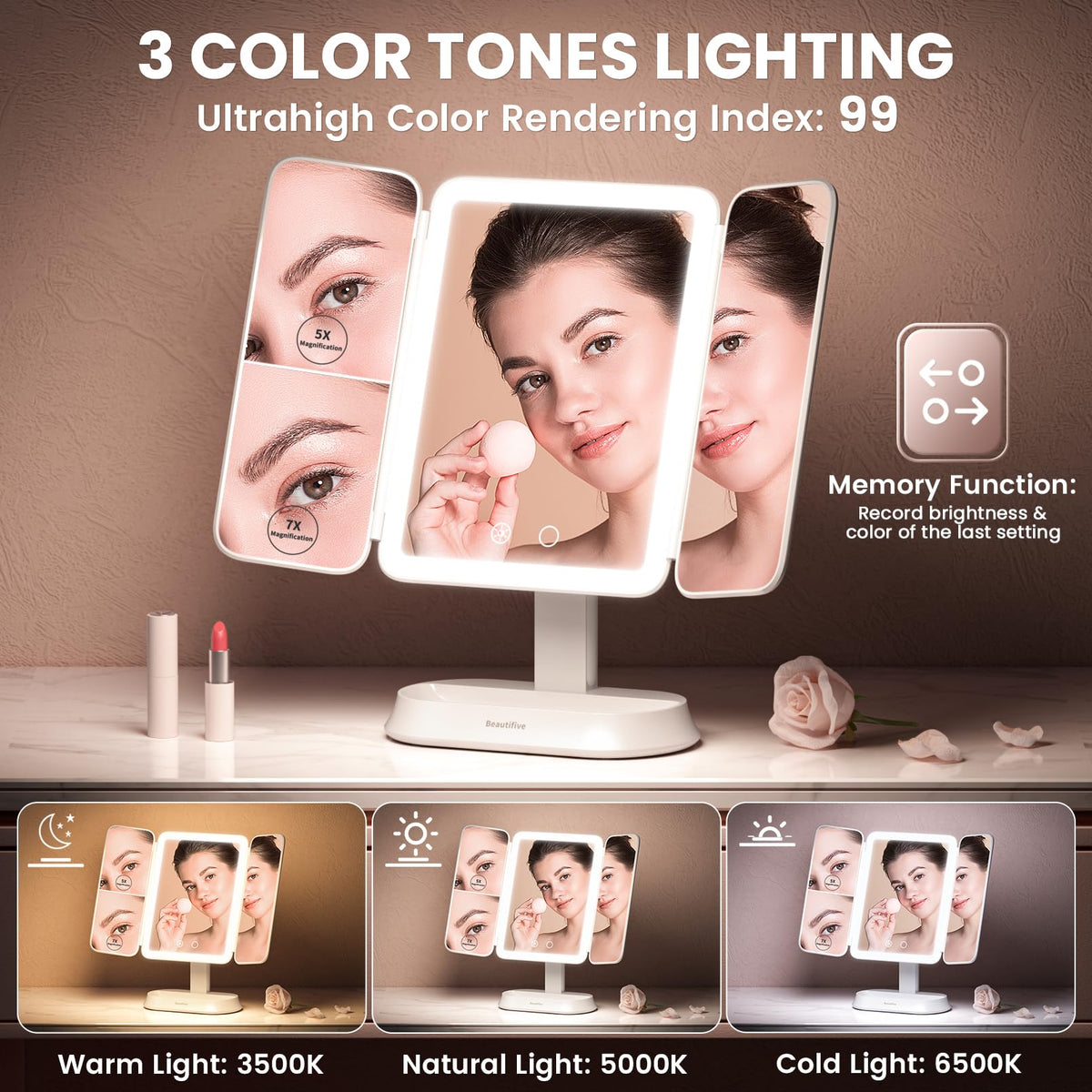 Makeup Mirror with Lights and 7X 5X 1X Magnification Vanity - Beautifive Official Imagery - 5