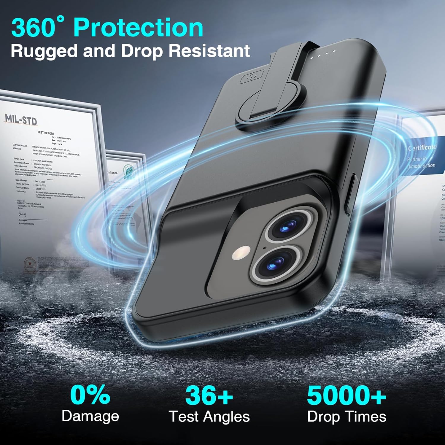 BOPPS battery case for iPhone 16 with stand support and CarPlay compatibility, shown with the iPhone inside the case.