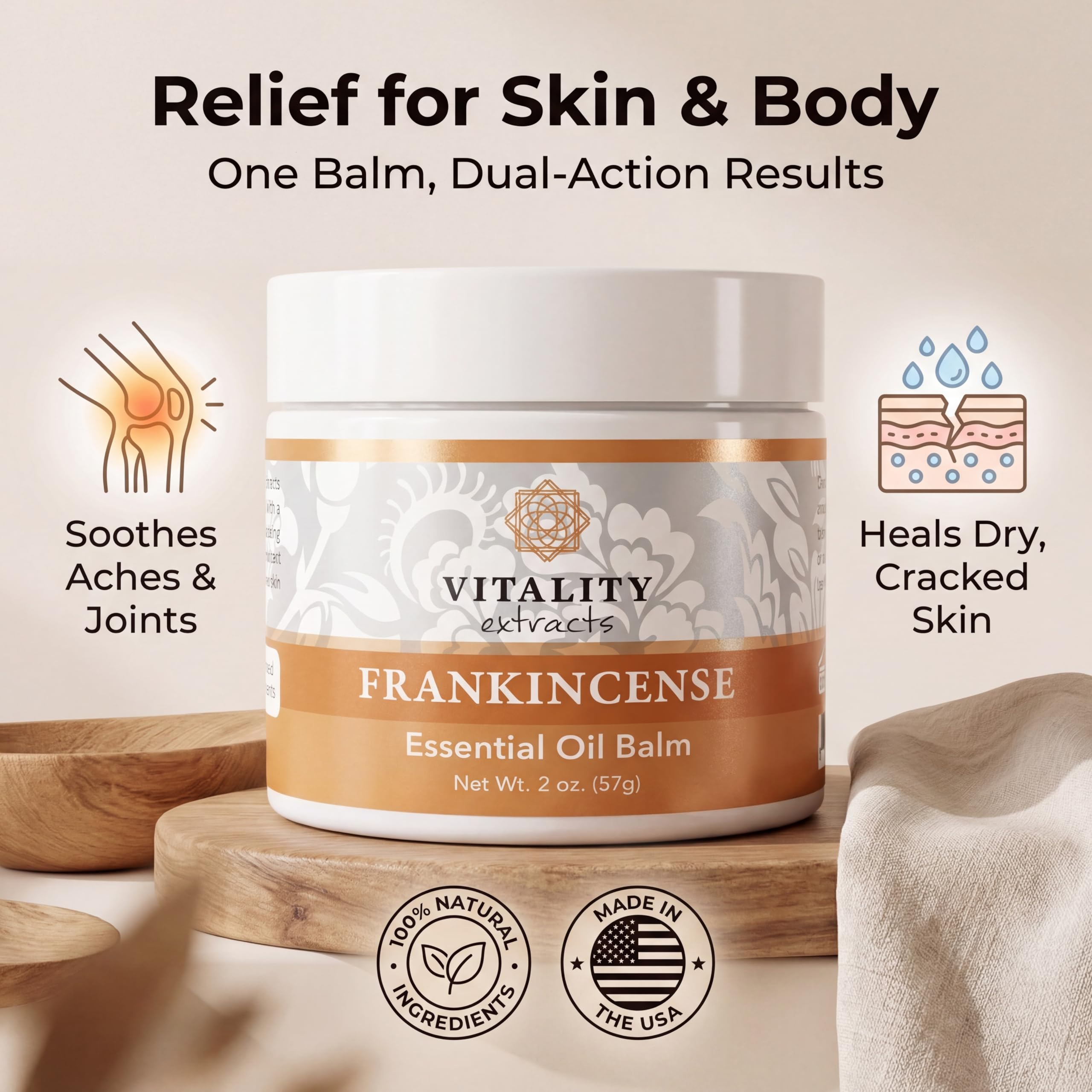 Vitality Extracts Frankincense Balm skin moisturizer in a jar with beeswax and vitamin E for nourishing and hydrating skin.