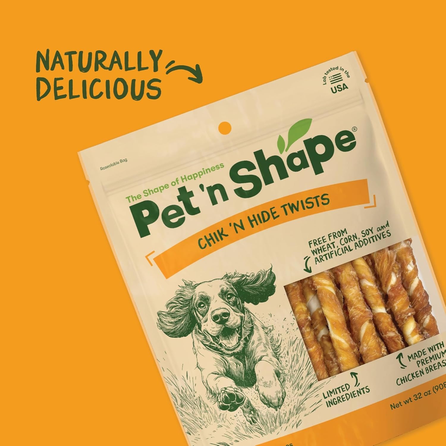 Pet 'n Shape Hide Twists chicken-wrapped rawhide dog treats, showing twisted rawhide treats with chicken coating for dogs.