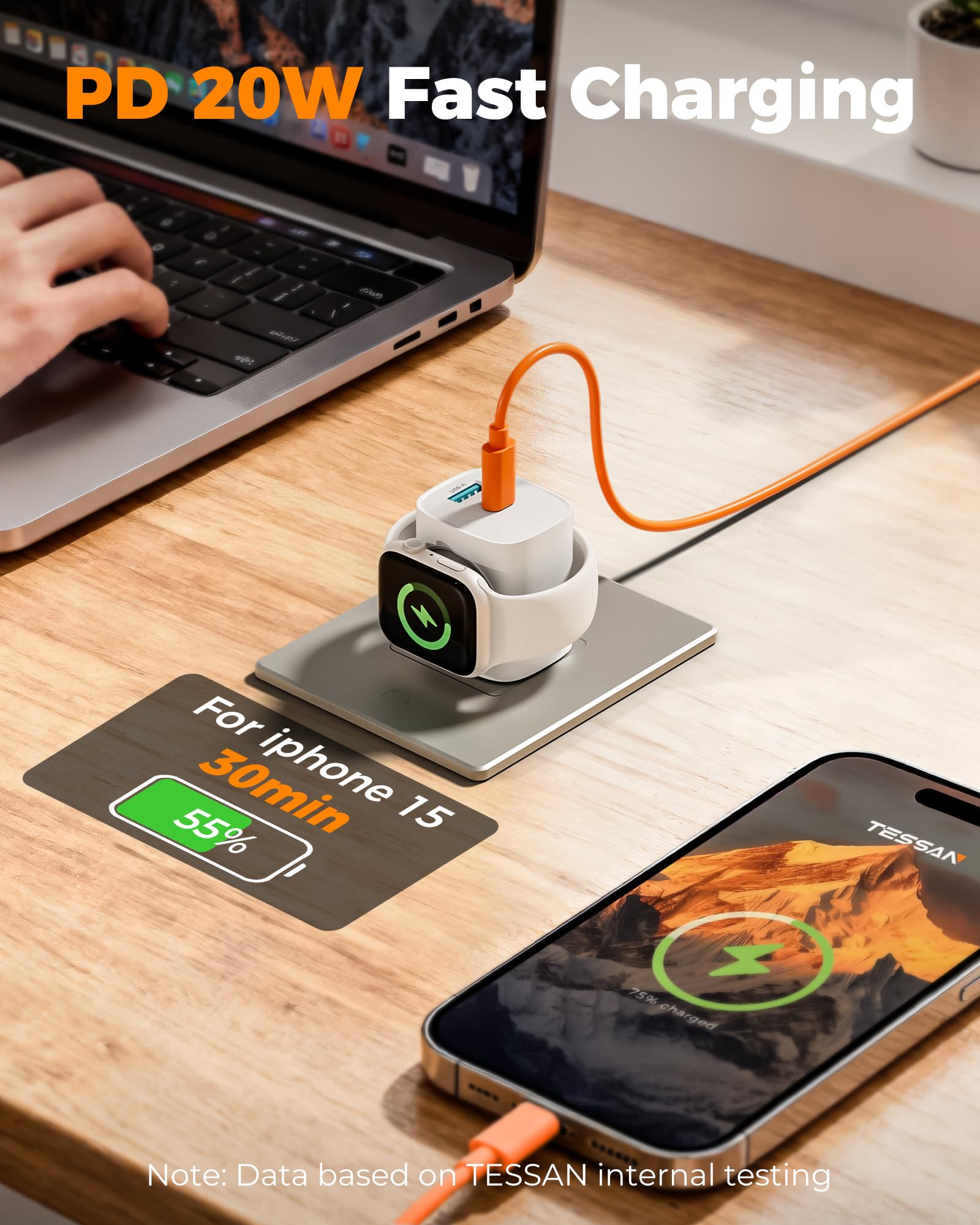 TESSAN Charging Blocks for Apple Watch, 3-in-1 PD 20W USB C Charg by TESSAN - Angle View 4